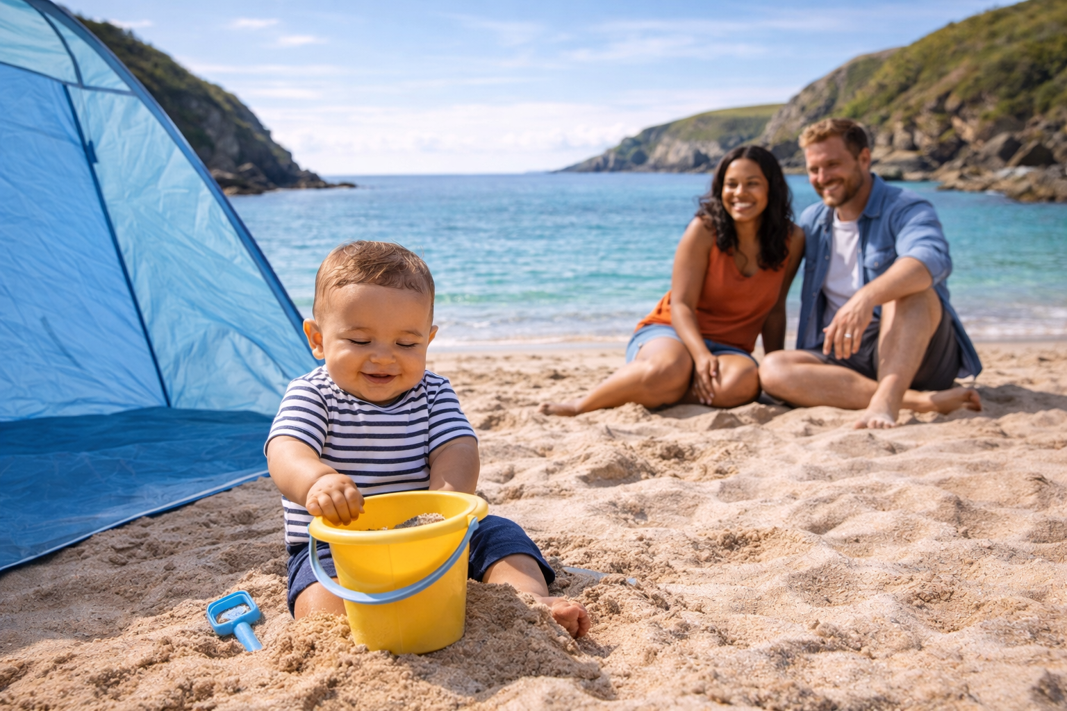A baby sitting on golden sand at a sheltered Cornish cove with a UV tent visible in the background