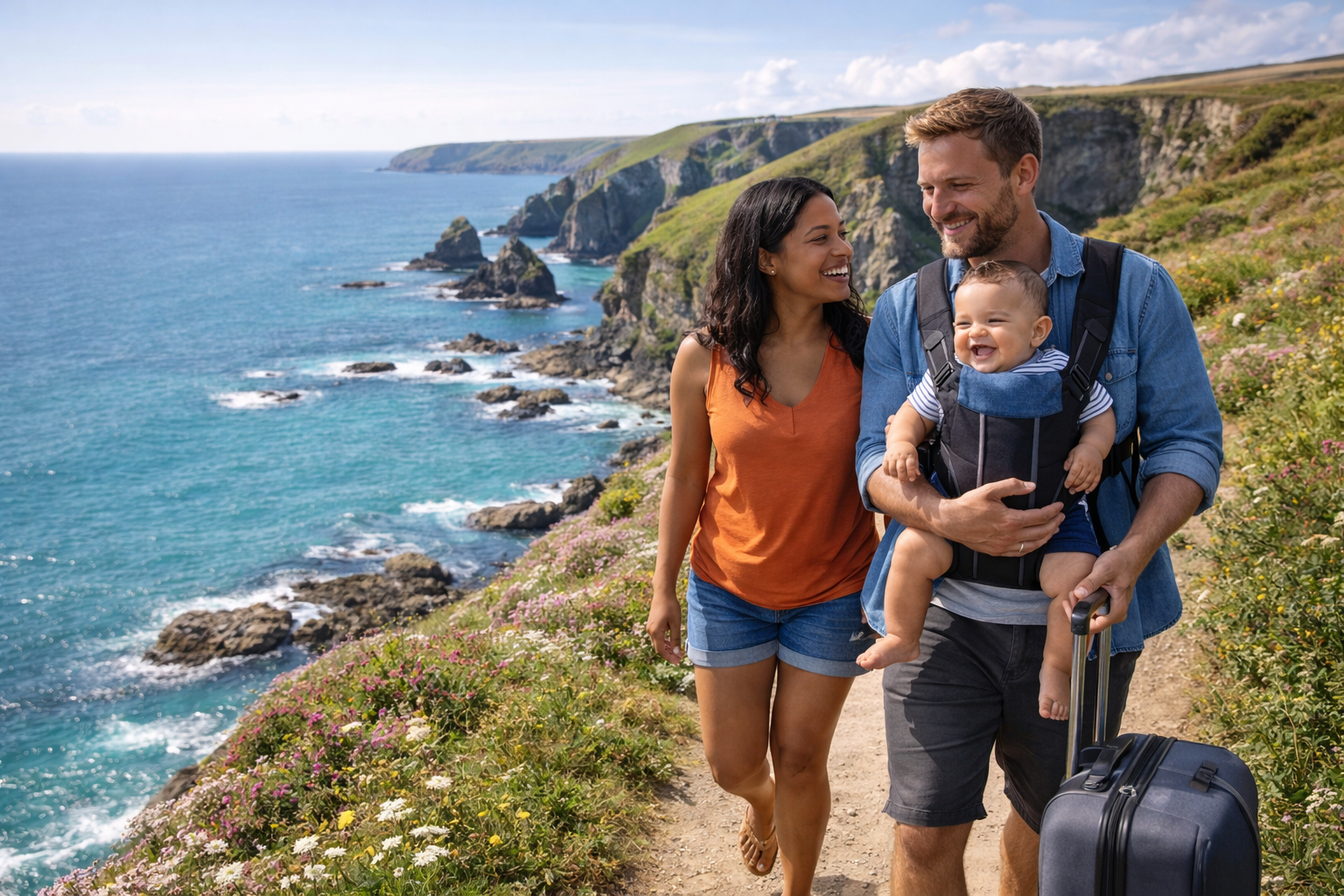 A family with a baby walking along a dramatic Cornish clifftop coastal path with turquoise sea below