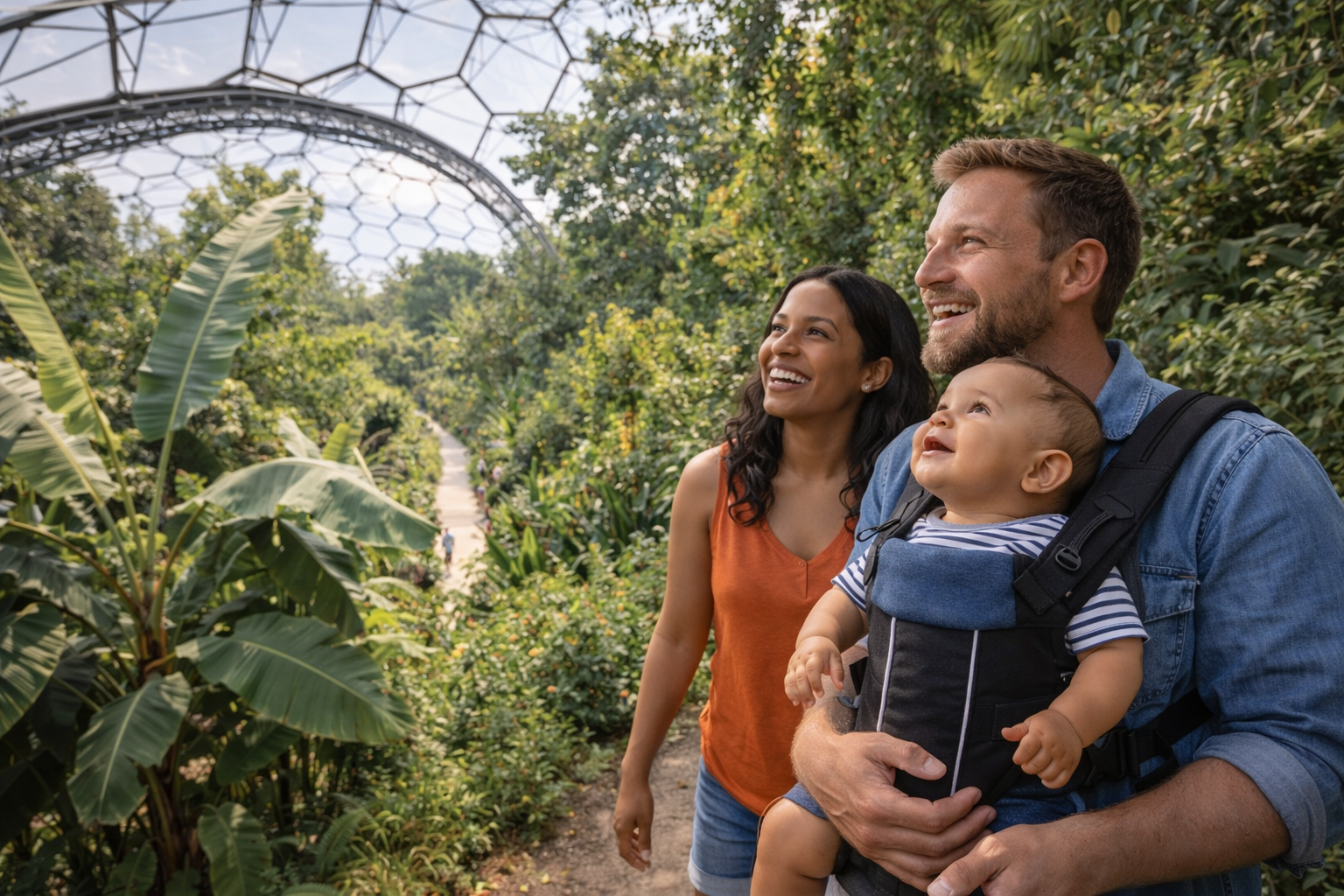 A family exploring the inside of the Eden Project tropical biome with a baby in a carrier