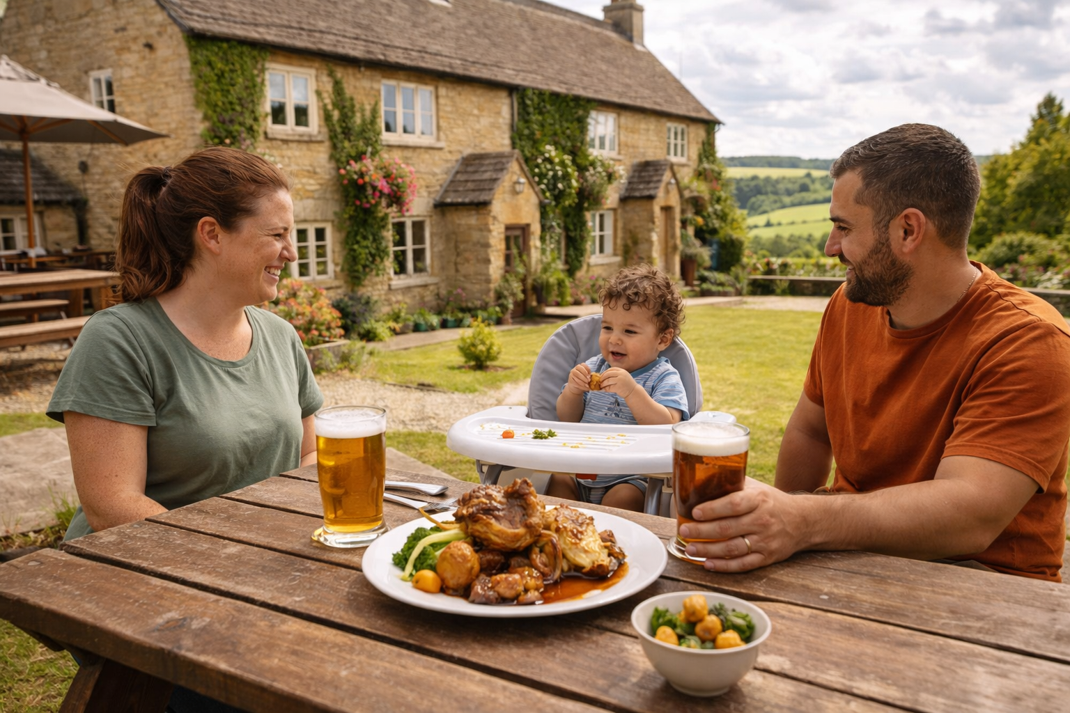 A family having a pub lunch in a Cotswolds pub garden — baby in a highchair, stone pub building behind, rolling green Cotswolds hills visible, relaxed sunny afternoon