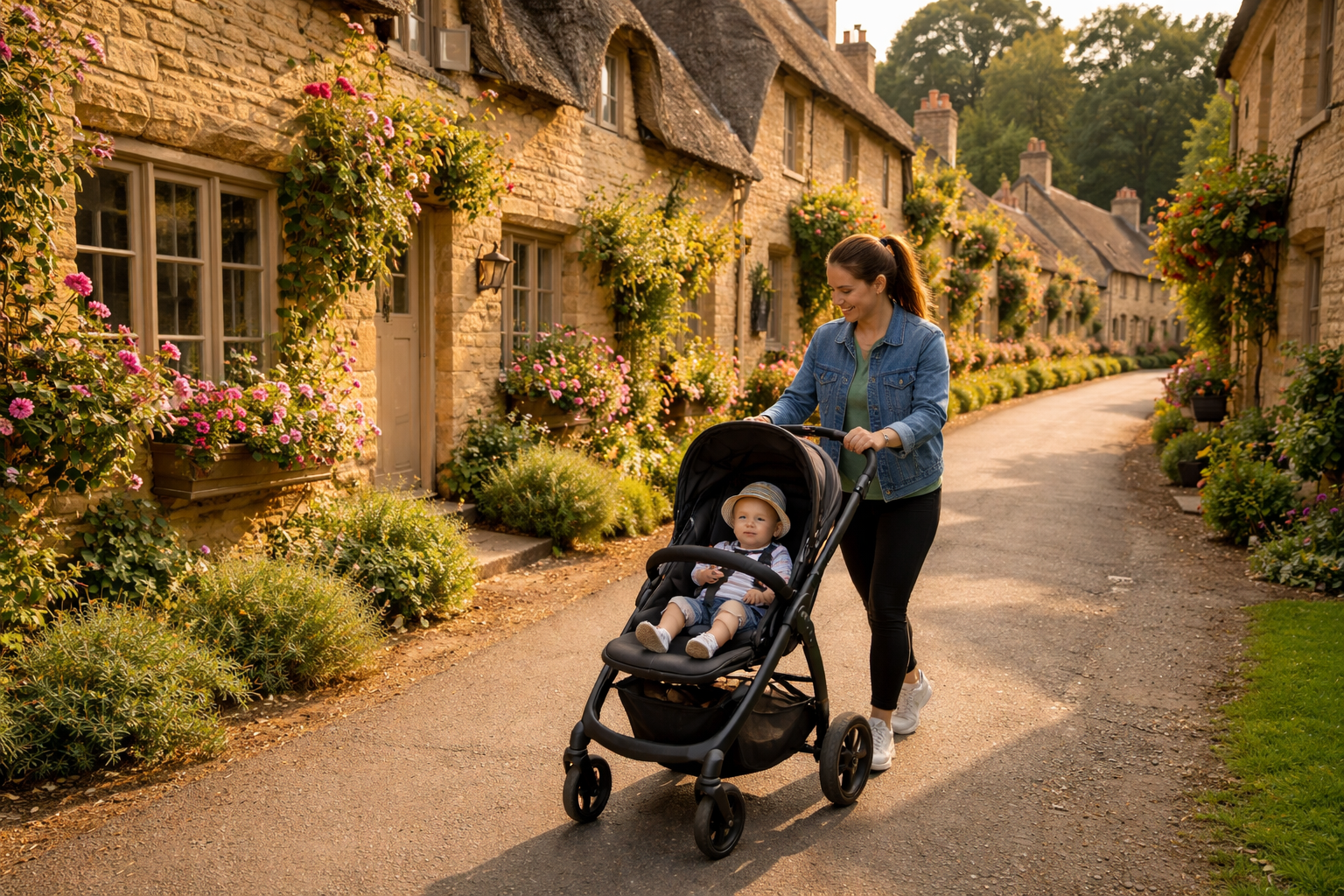 A parent pushing a stroller through a honey-stone Cotswolds village lane, thatched cottages and flower boxes on either side, warm golden afternoon light