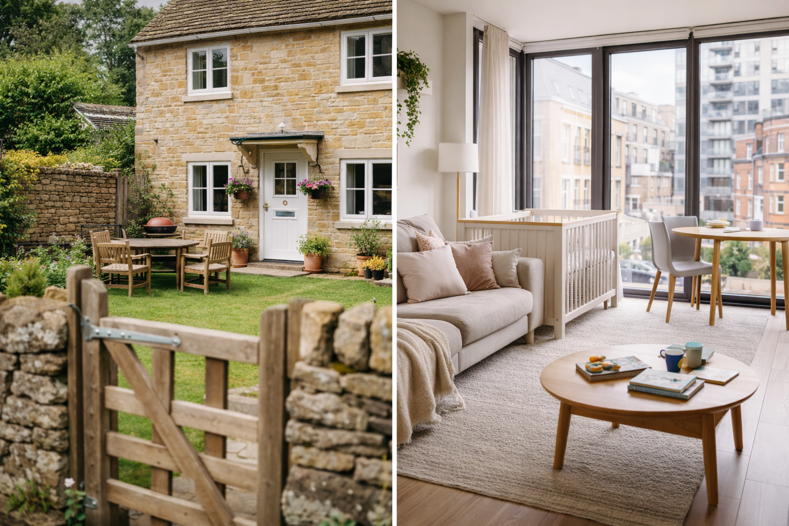 Split image: traditional Cotswolds stone cottage with garden gate and outdoor dining area, versus modern city apartment interior with travel cot set up in the living room