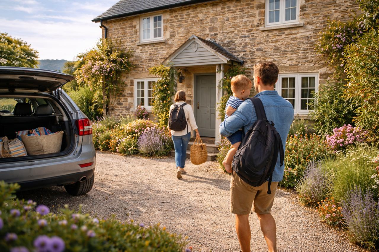 A family arriving at a charming stone UK holiday cottage, unloading the car with a baby