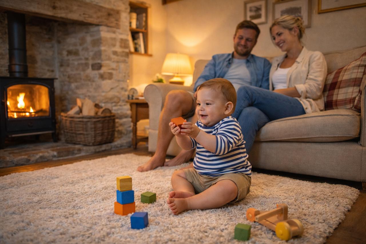 A baby playing with wooden blocks on a rug in a cosy cottage living room with parents on the sofa