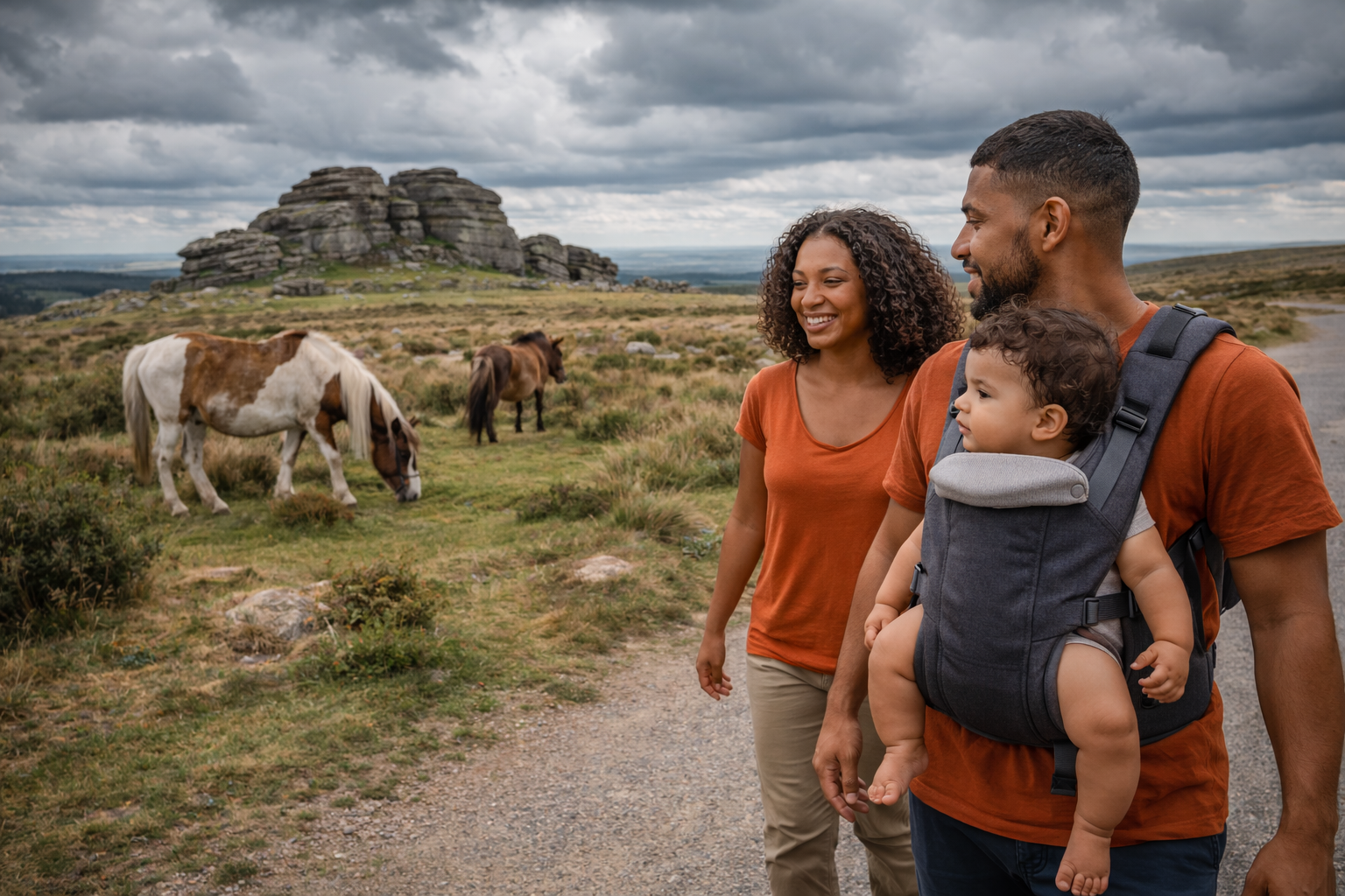 A family walking along a flat Dartmoor path with a baby in a carrier, granite tors visible in the background, wild ponies grazing, moody Devon sky