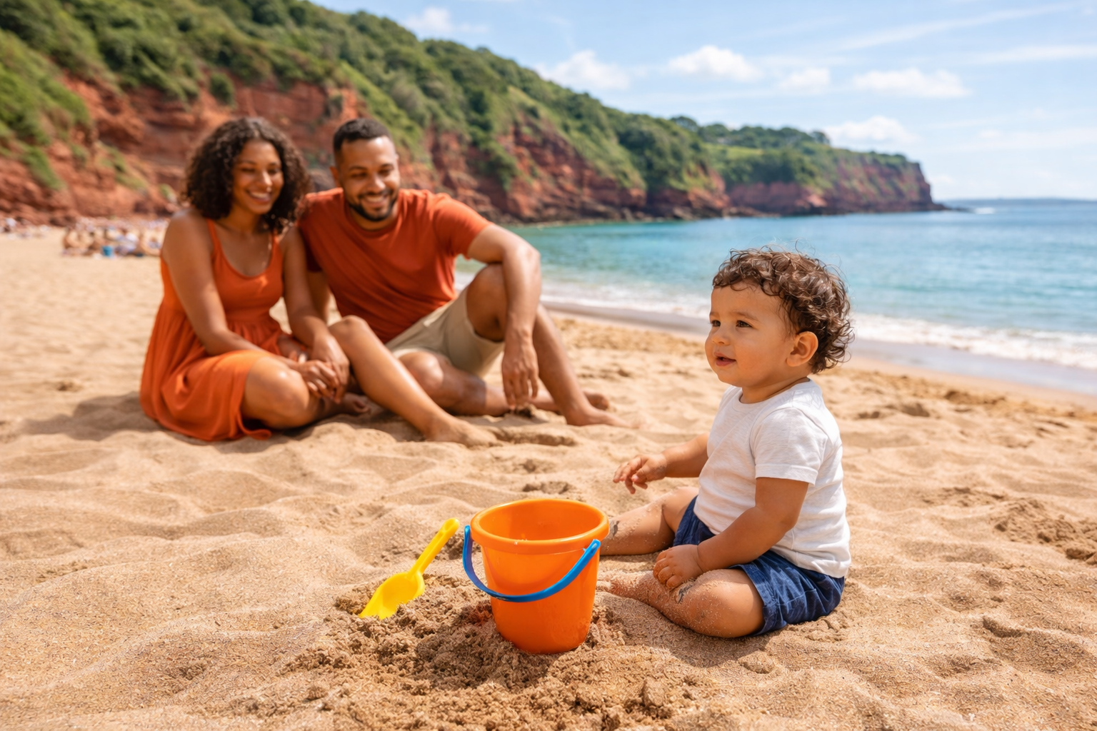 A family with a baby sitting on golden sand at a sheltered South Devon cove, red cliffs visible, calm turquoise water, bucket and spade nearby