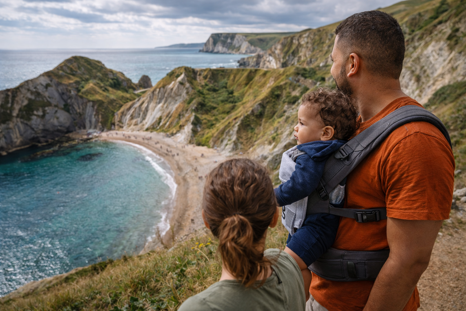 A family standing at a dramatic Jurassic Coast cove with layered rock cliffs and turquoise water, baby in a front carrier looking out at the scenery