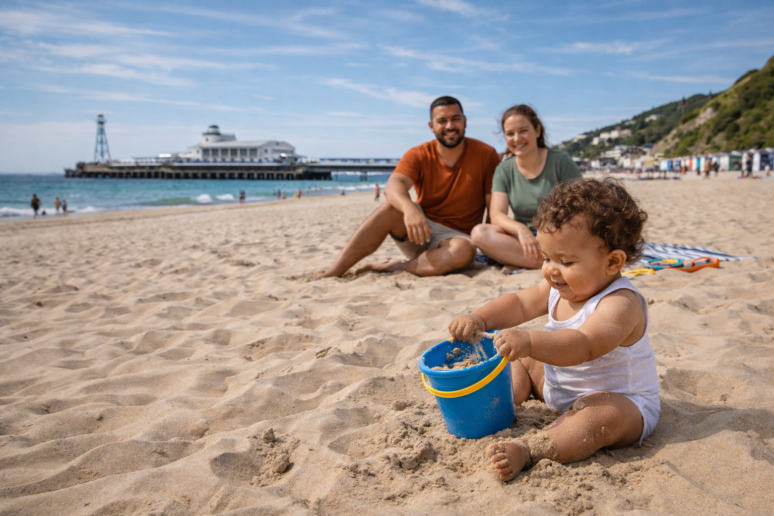A family on Weymouth beach on a sunny summer day — wide flat sand, baby sitting playing with a bucket, traditional British pier visible in the background