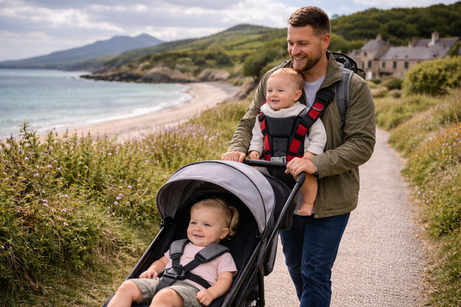 A parent wearing a young baby in a soft structured carrier while pushing a toddler in a compact single stroller, holiday setting, showing the practical carrier-plus-single-stroller alternative to a double buggy