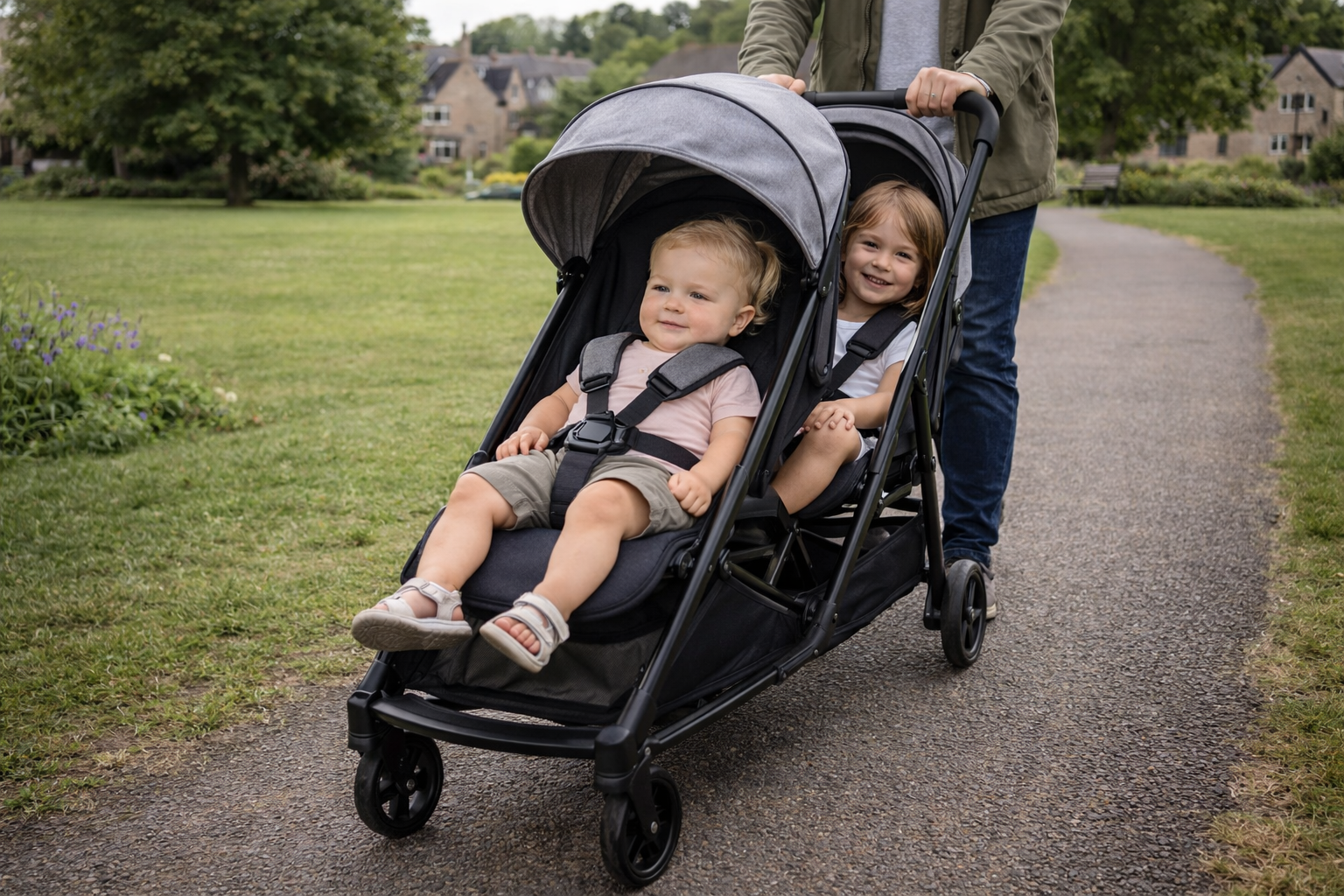 A parent pushing a compact tandem double stroller with two young children through a UK park, both children visible and content, showing the realistic width and handling of a double buggy