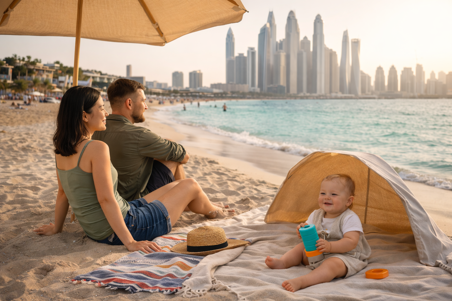 A family with a baby relaxing at a JBR-style Dubai beach, baby under a sun shade on a blanket, turquoise water and the modern Dubai skyline visible in the background, warm golden afternoon light