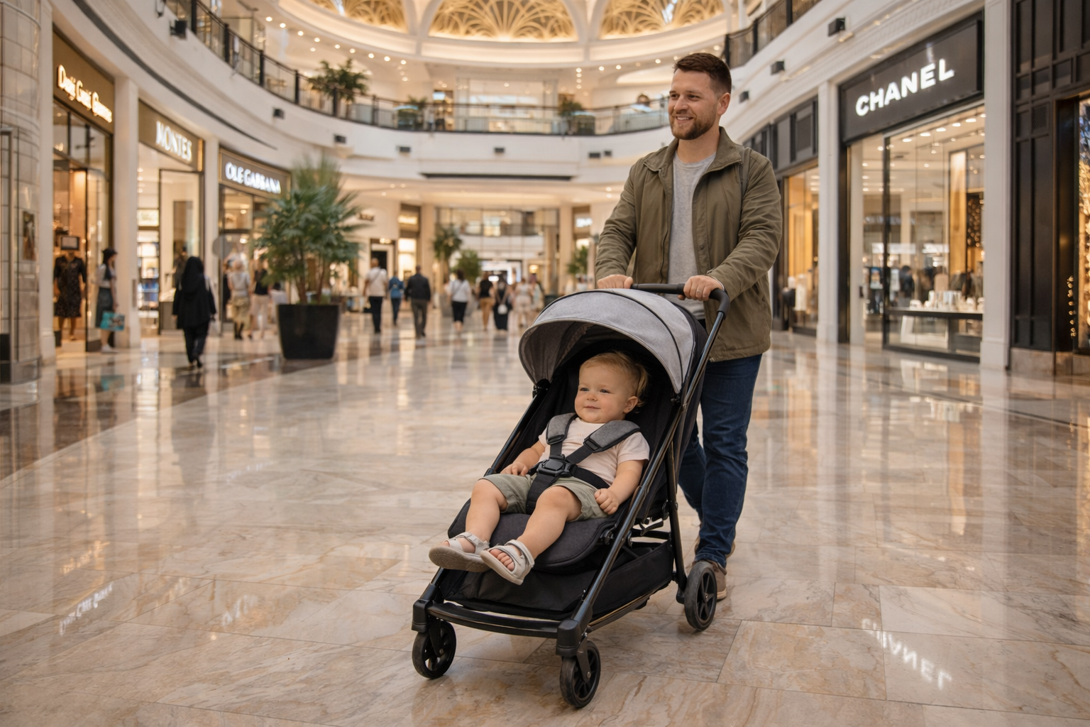 A parent pushing a compact stroller through the grand interior of a Dubai mall — marble floors, high ceilings, palm trees in the atrium, air-conditioned comfort, showing how malls work brilliantly with a pushchair