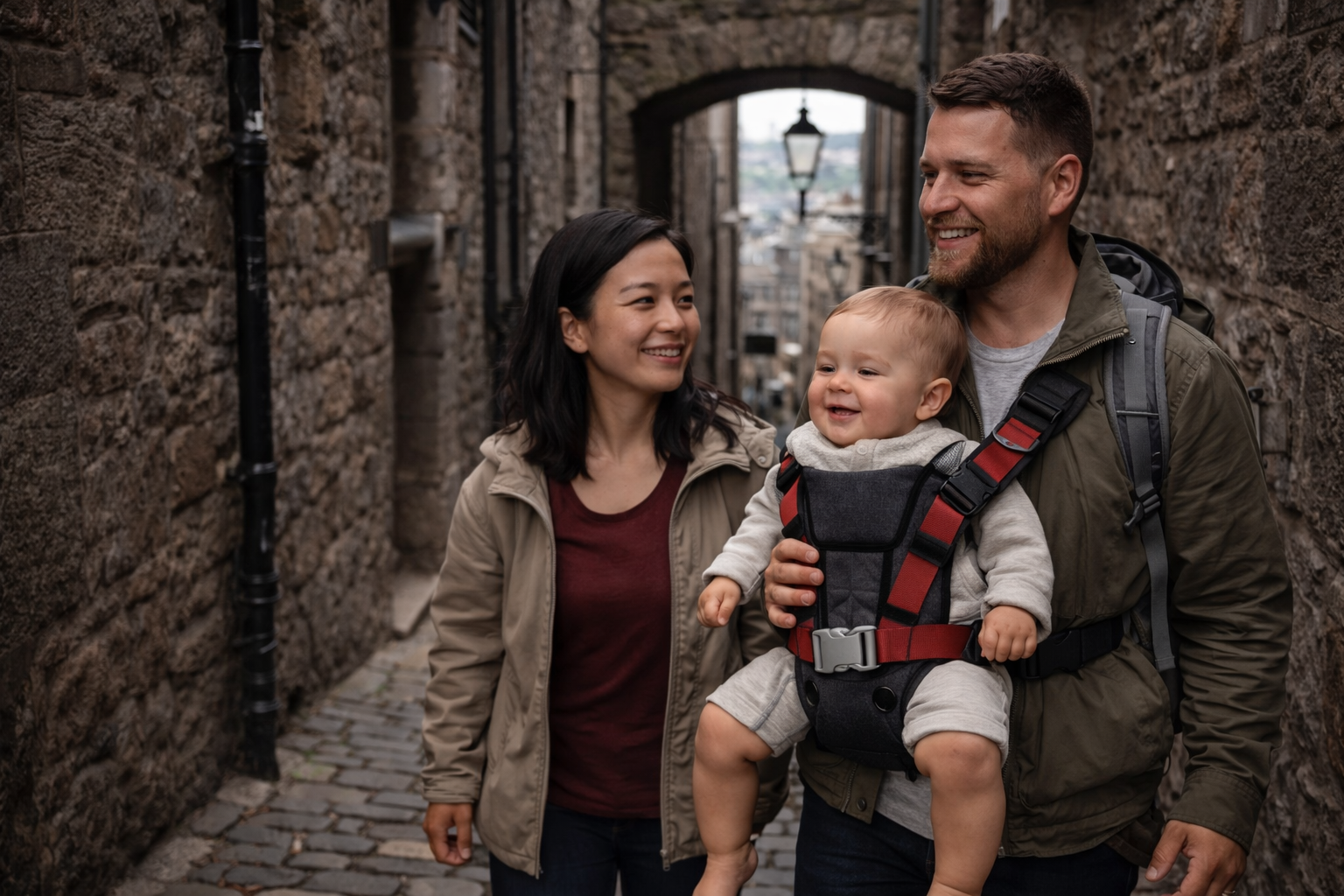 A family with a baby in a soft structured carrier walking down a narrow cobblestoned Edinburgh close, atmospheric stone walls either side, showing why a carrier works better than a stroller in the Old Town