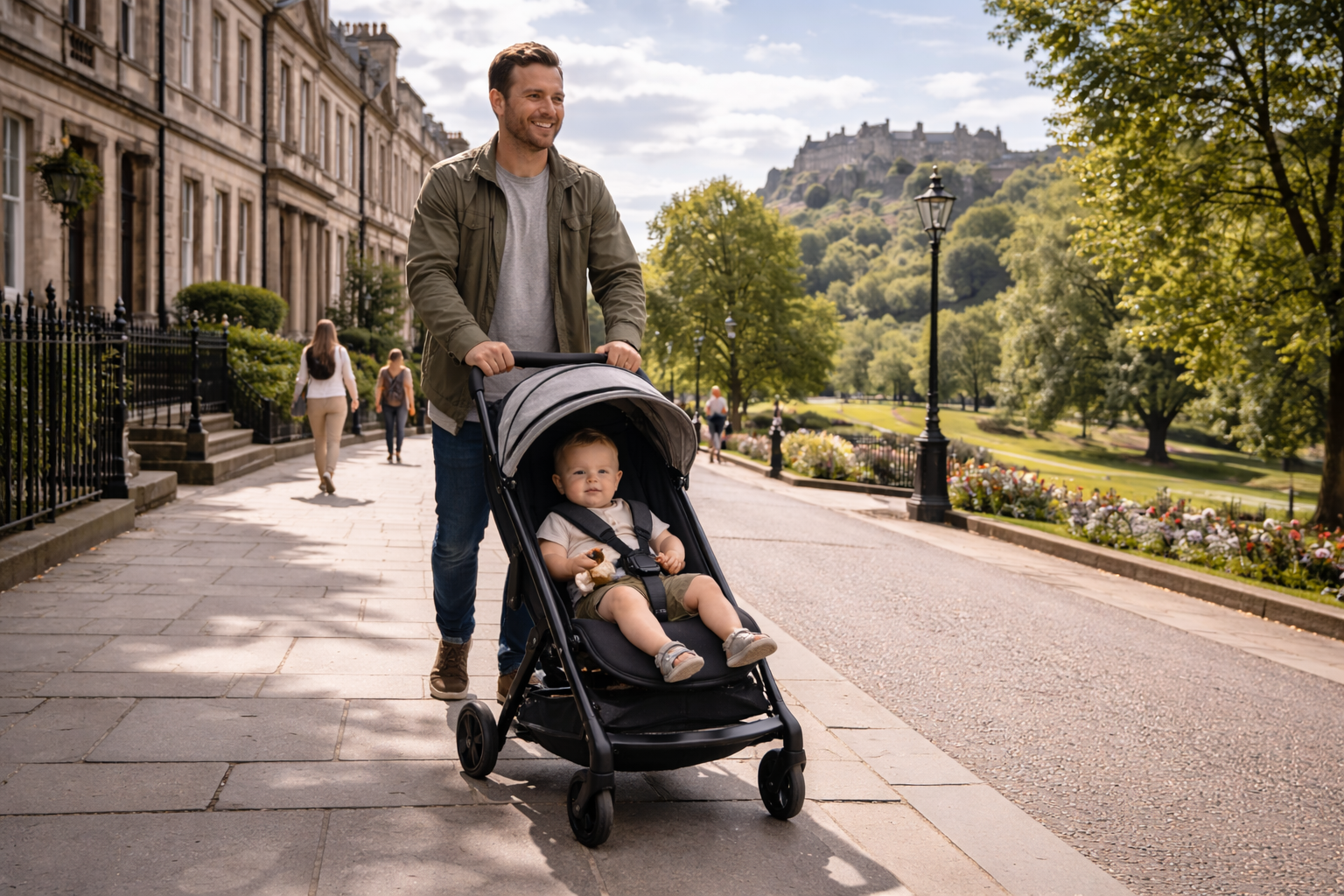A parent pushing a compact stroller through Edinburgh's New Town, wide Georgian pavements visible, Princes Street Gardens and the castle on the skyline in the distance on a bright day