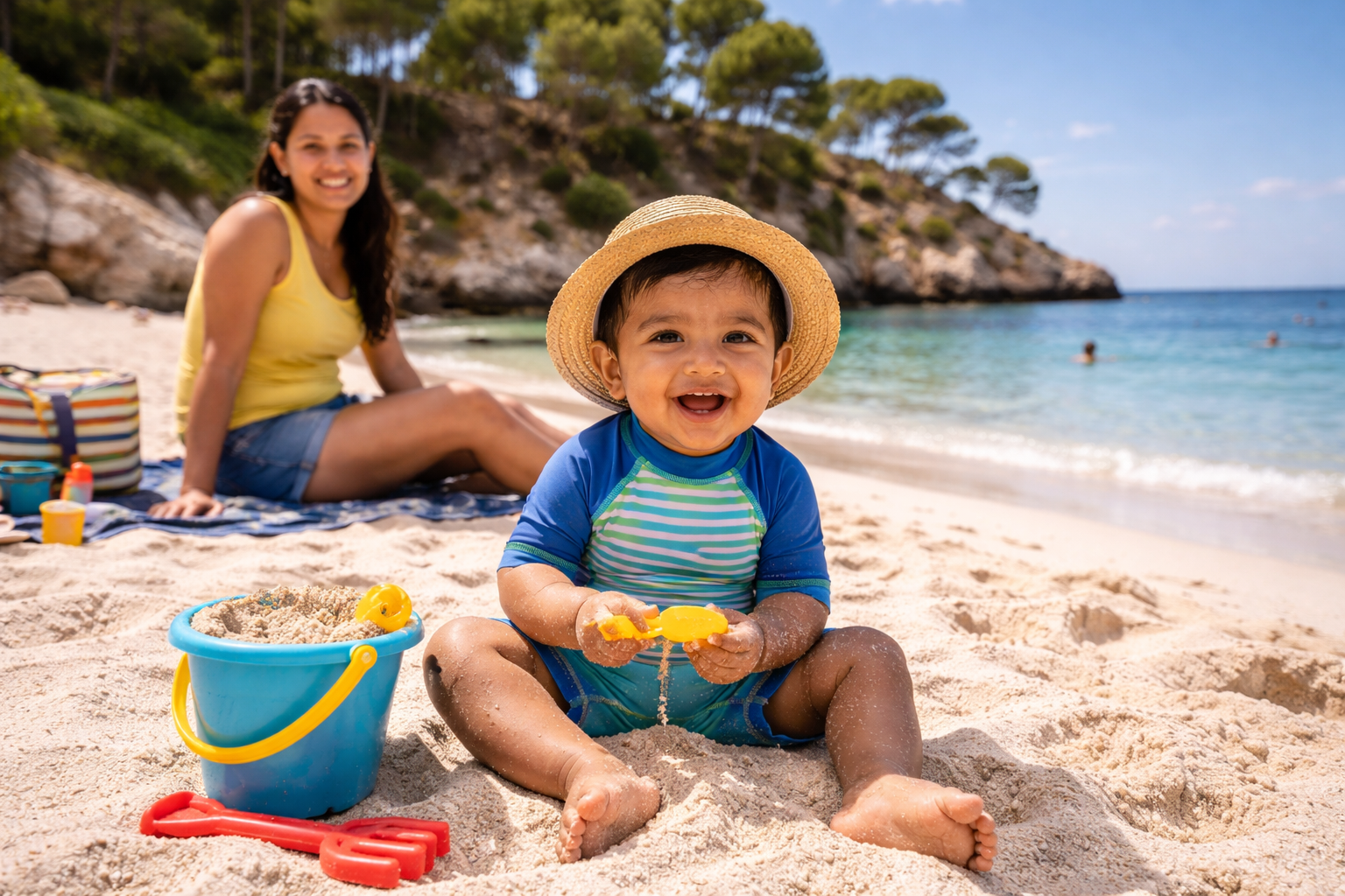 Baby sitting in shallow turquoise water at a Mediterranean beach, parent crouching nearby, white sand and rocky pine-backed cove