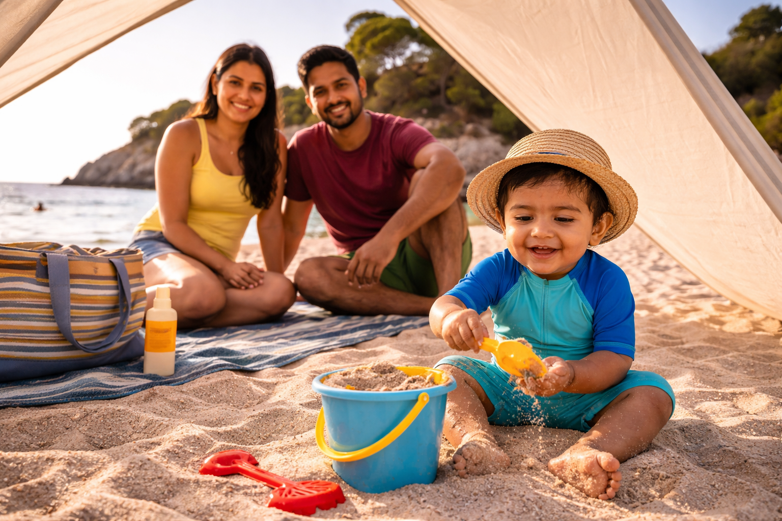 Family under a sun shade on a European beach, baby in a UV suit playing with sand, warm golden light, responsible sun protection