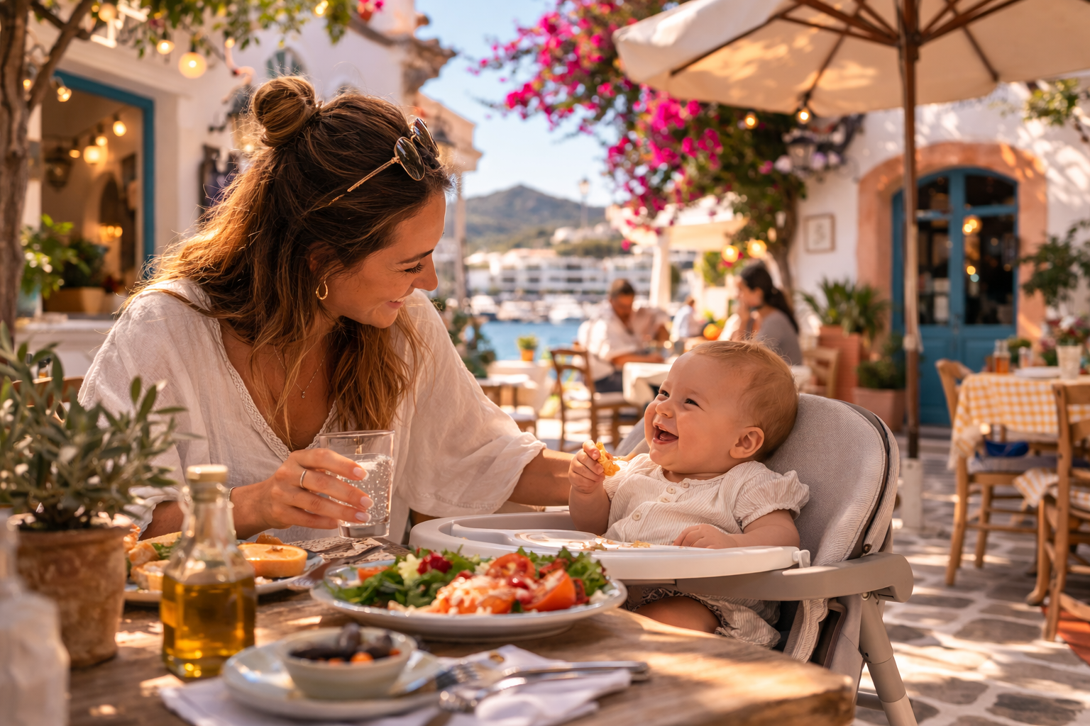 A parent and baby at an outdoor European café terrace, baby sitting in a wooden highchair at a colourful table, Mediterranean architecture and potted plants visible, relaxed holiday dining atmosphere