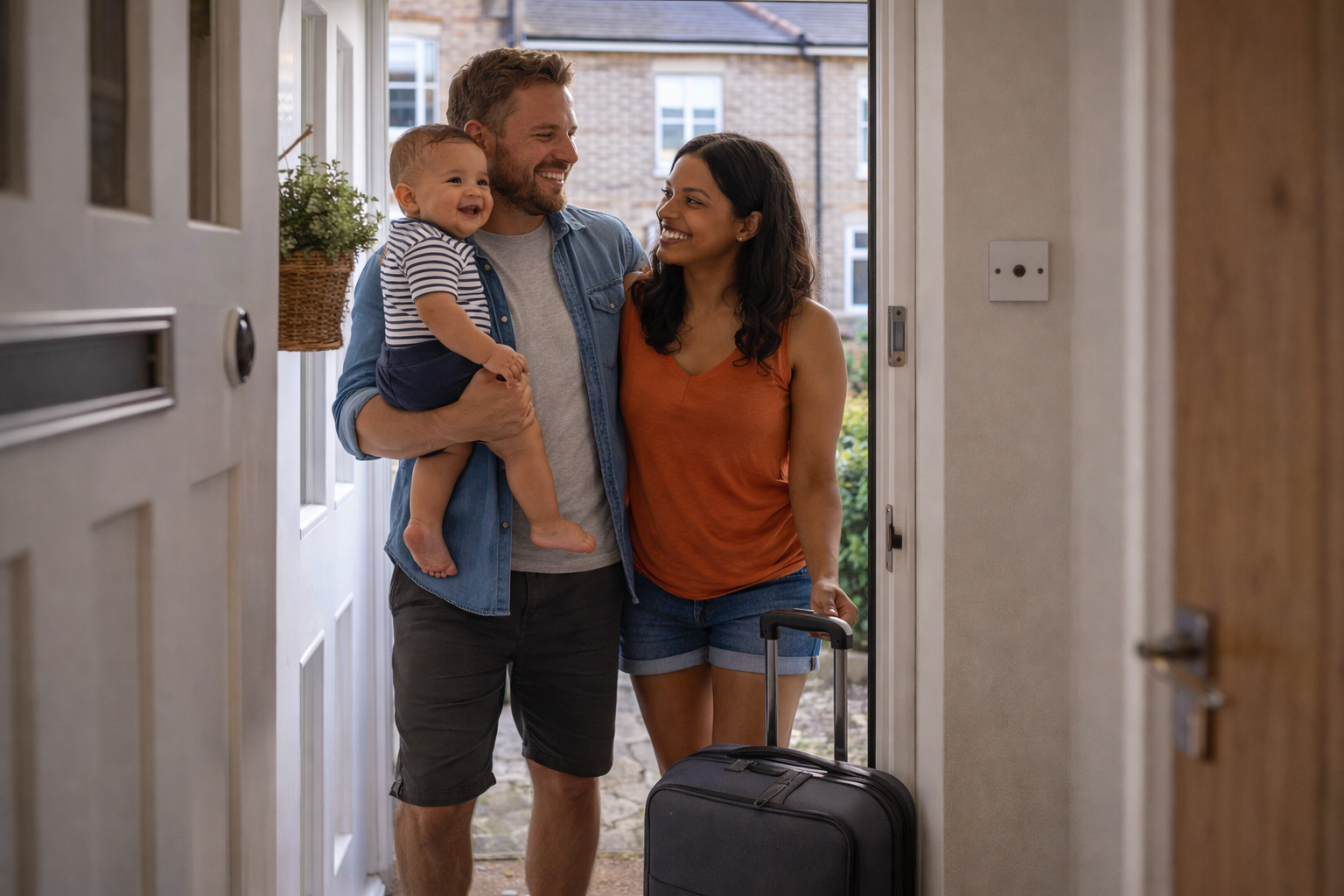 A family arriving home through their front door with luggage and baby in arms, looking relieved and happy