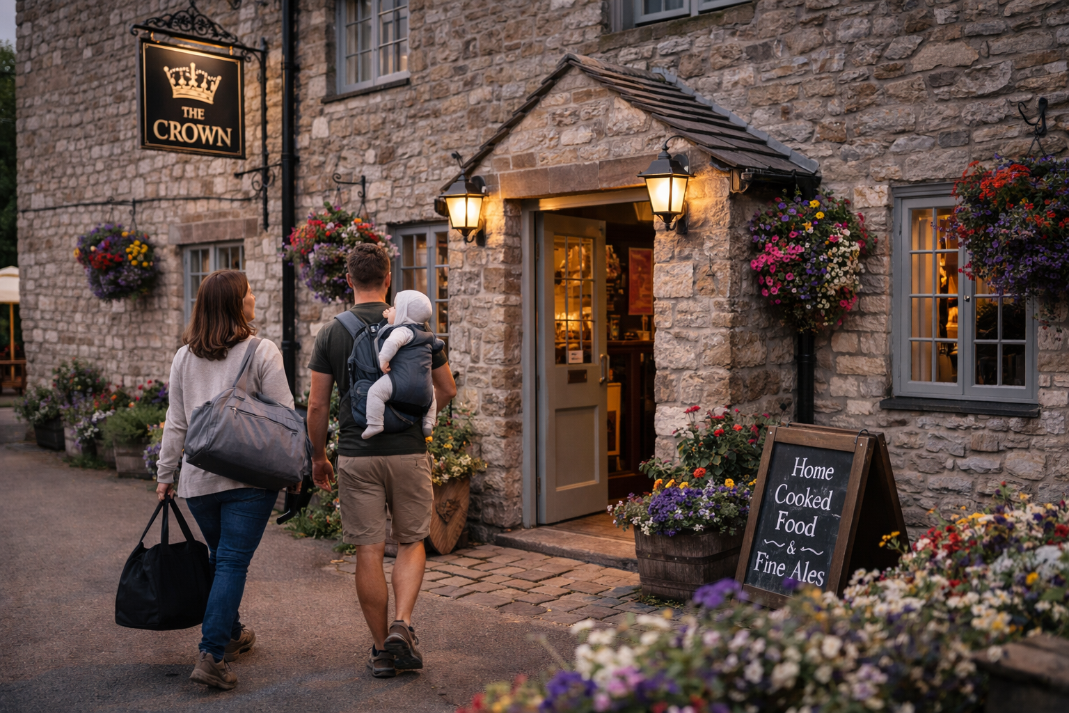 The exterior of a beautiful British country pub — stone building with flower baskets, a family arriving with a baby and bags, warm inviting atmosphere