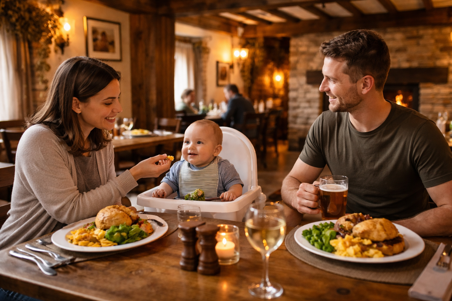 A family eating in a cosy pub dining room — baby in a highchair, log fire visible, beamed ceiling, proper pub food on the table