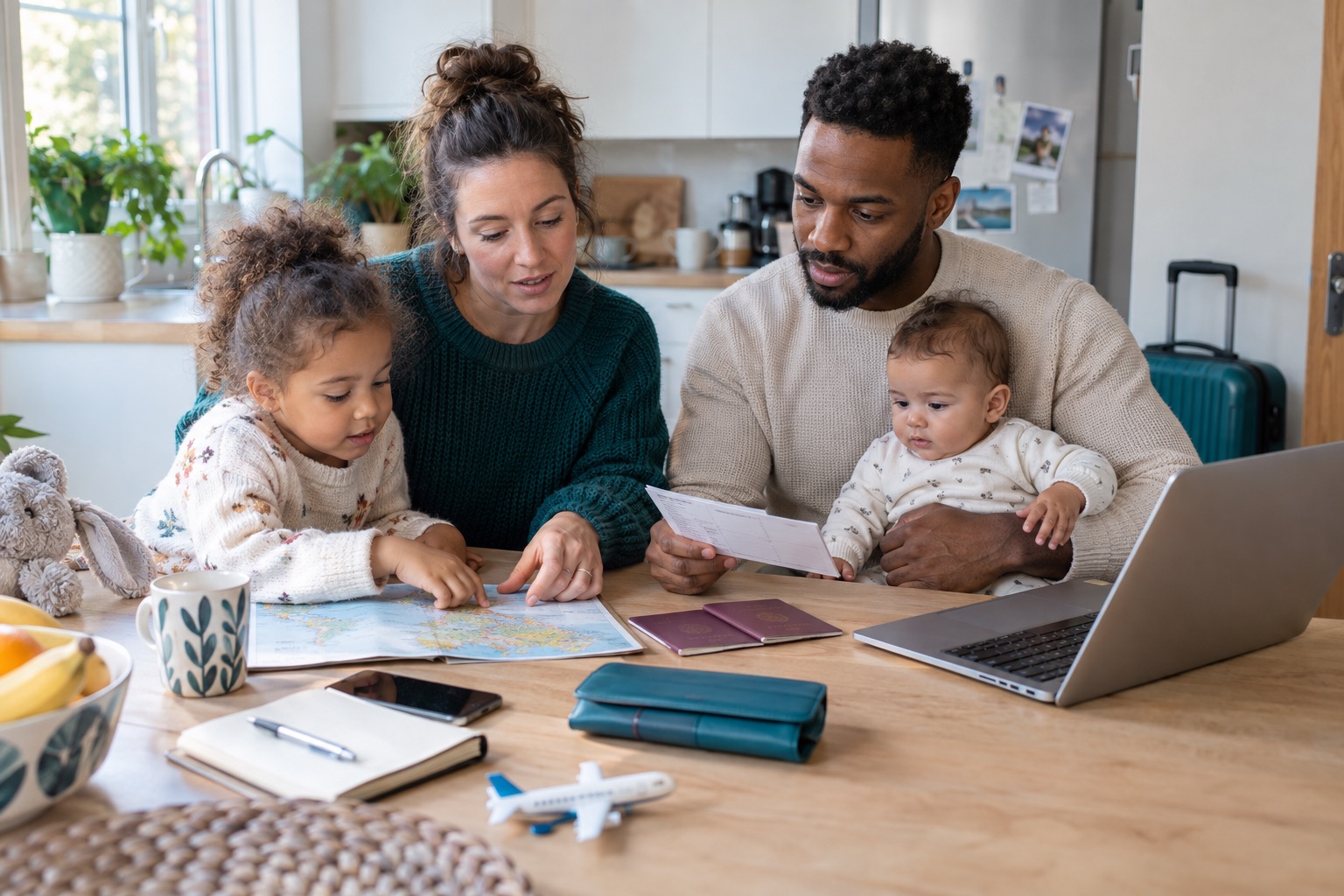 UK family comparing travel insurance while planning a holiday with children