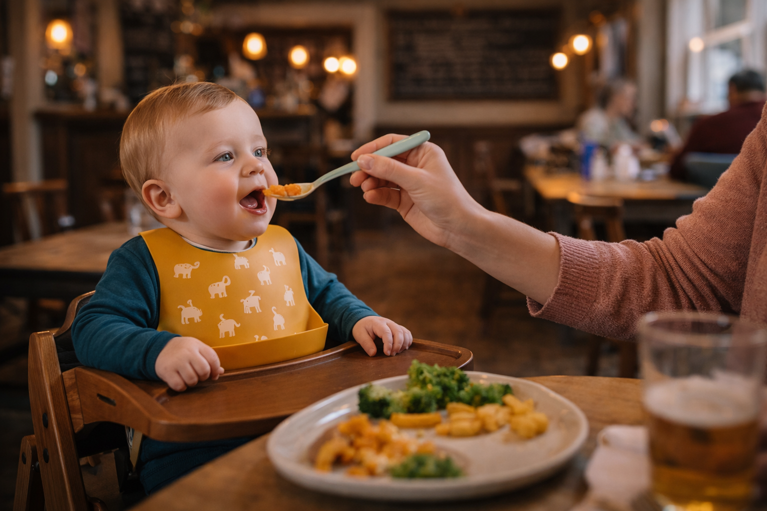 Parent feeding baby in a restaurant highchair with a bib, food on the tray, offering a spoon in a relaxed café setting