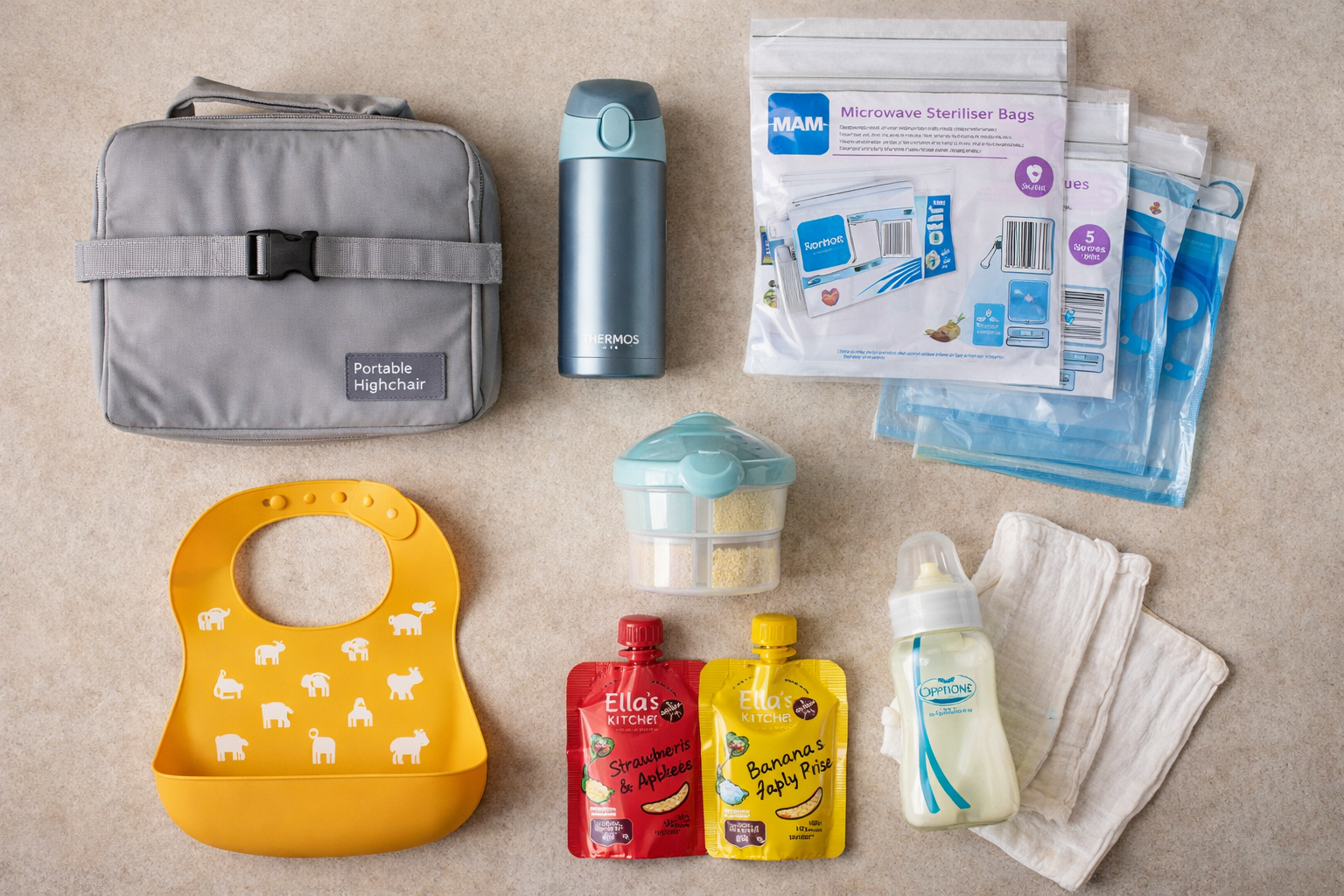 Flat-lay of a travel feeding kit including thermos, formula dispenser, sterilisation bags, food pouches, portable highchair bag, and silicone bib laid out neatly
