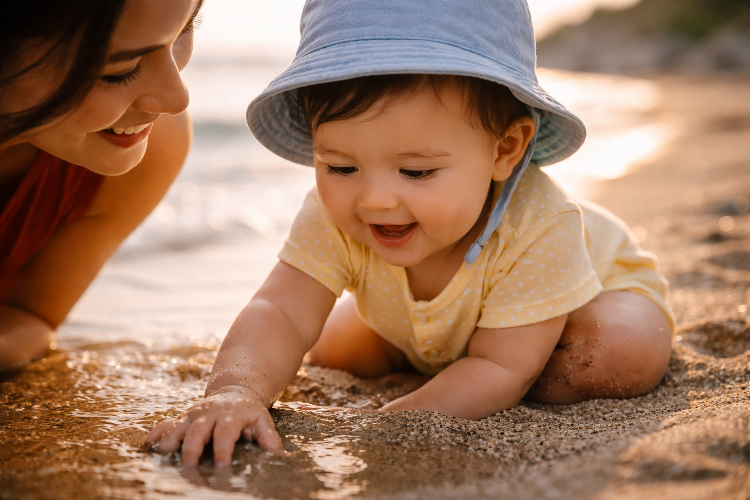 A parent watching a baby experience sand and shallow water for the first time — close-up of baby's face full of wonder, golden evening light, emotional and tender