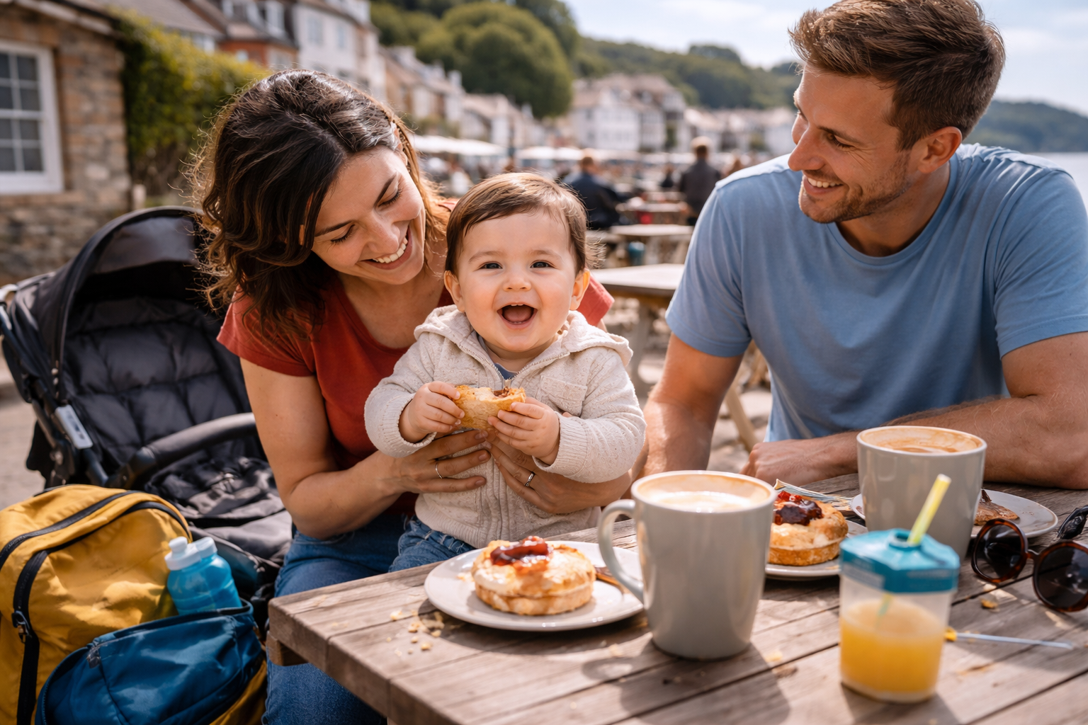 A slightly chaotic but happy family at a café table — baby on parent's lap, bags and stroller visible, authentic first family holiday feel at a British seaside café
