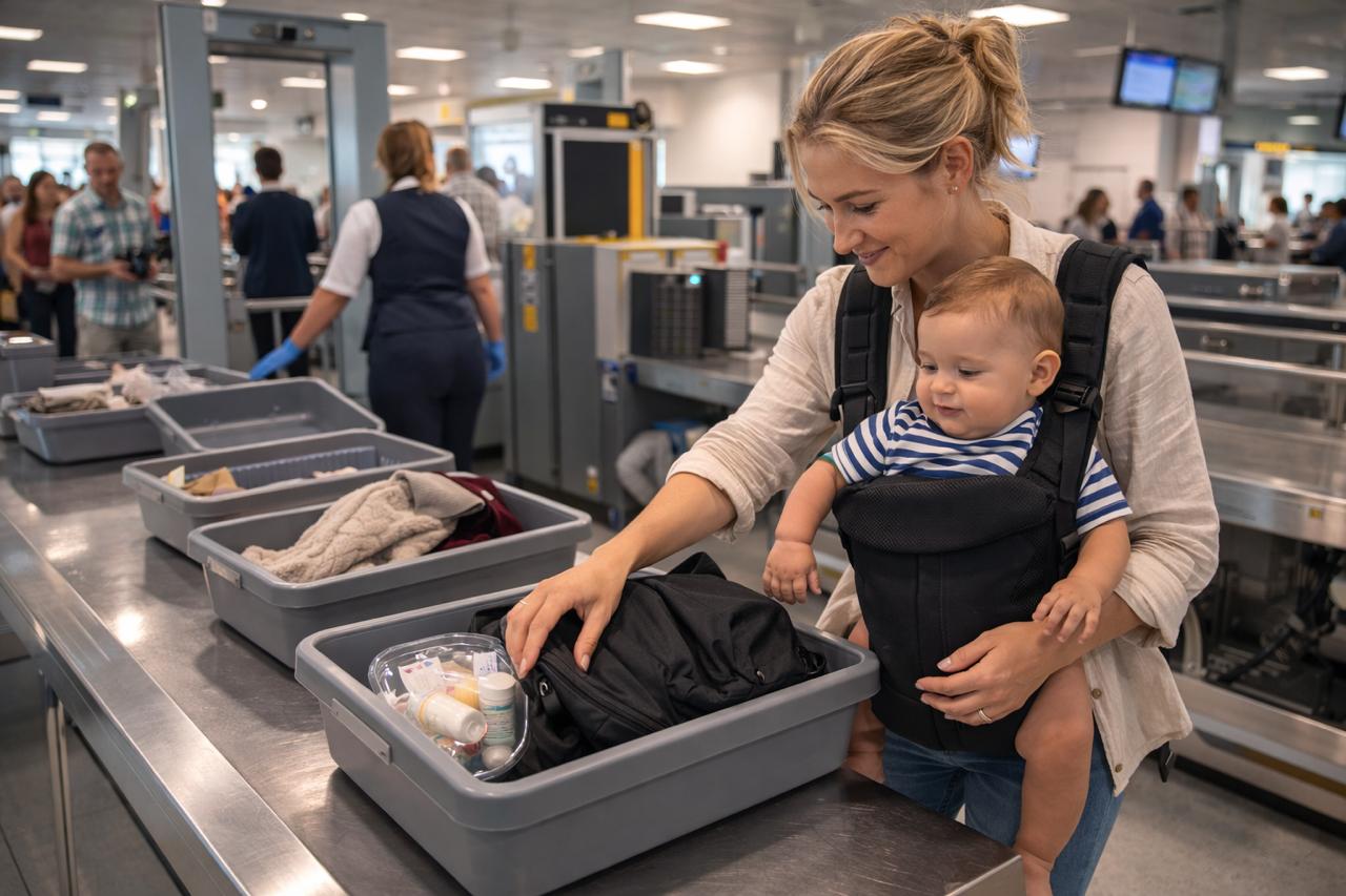 A parent with a baby in a carrier going through airport security placing items in a tray