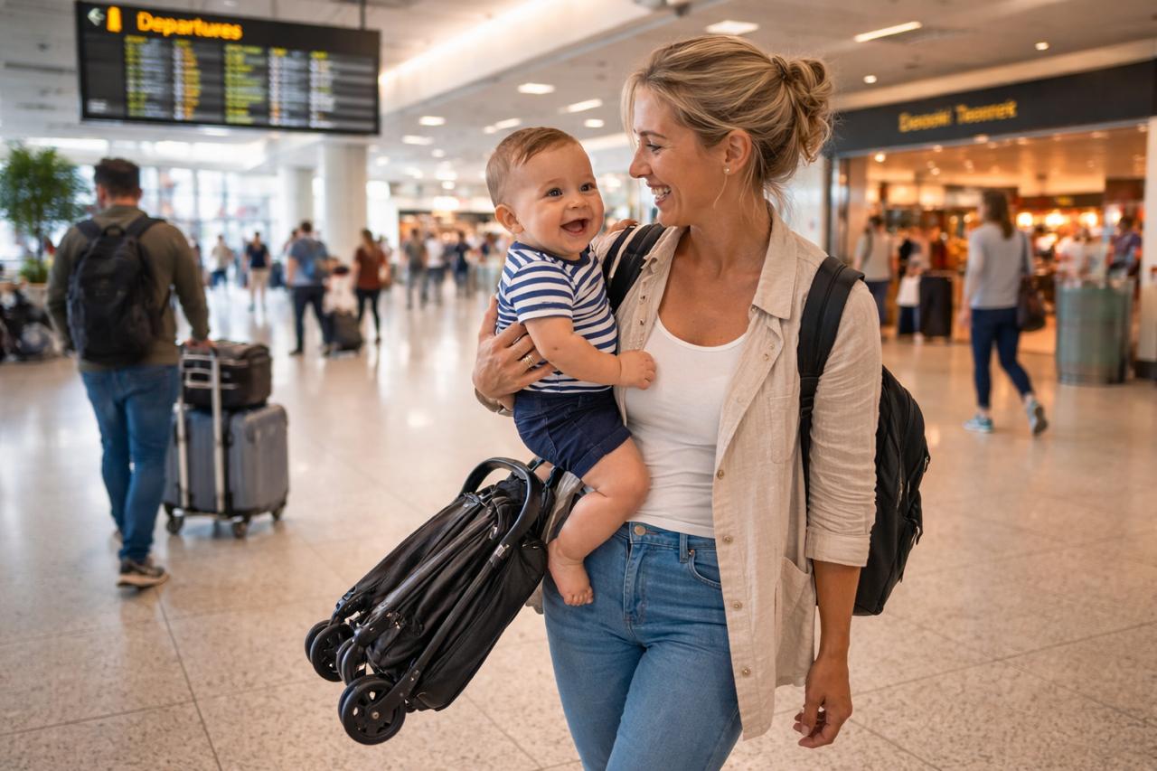 A parent carrying a baby through a bright UK airport terminal with gear on a trolley