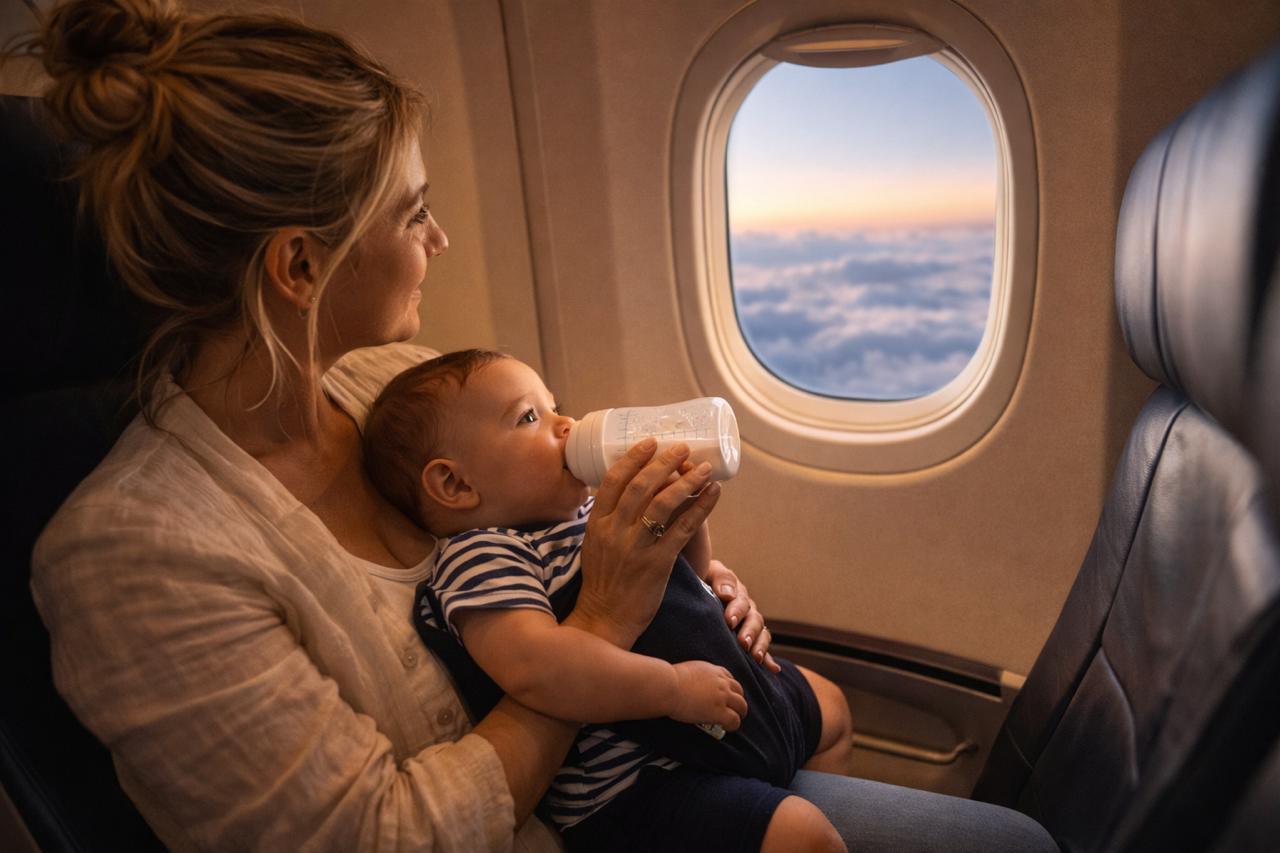 A parent feeding a baby on an airplane looking out the window