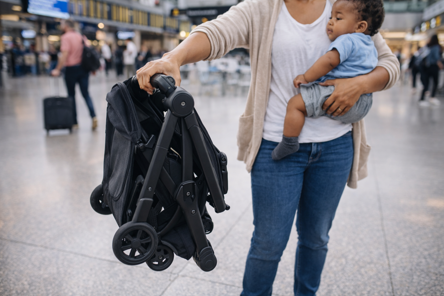 Parent carrying a folded travel pushchair in one hand while holding a baby in the other arm in an airport terminal