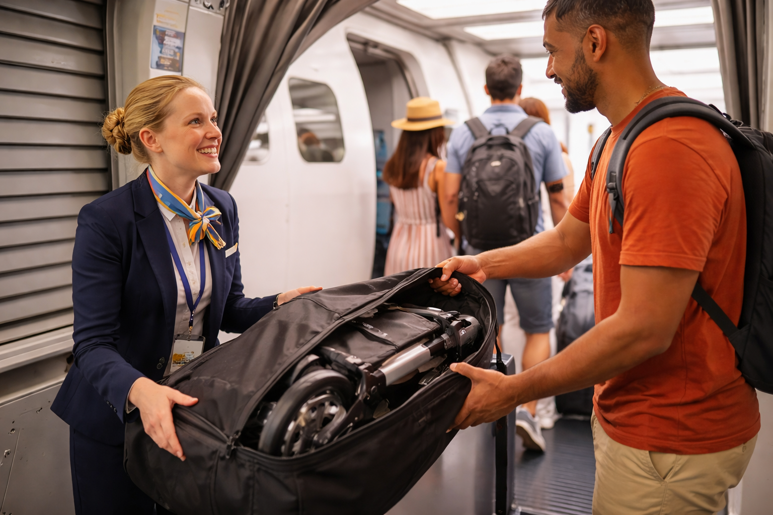 A parent handing a folded stroller in a travel bag to airline ground staff at the aircraft door, jet bridge visible in the background, other passengers boarding behind them, a realistic gate-check moment