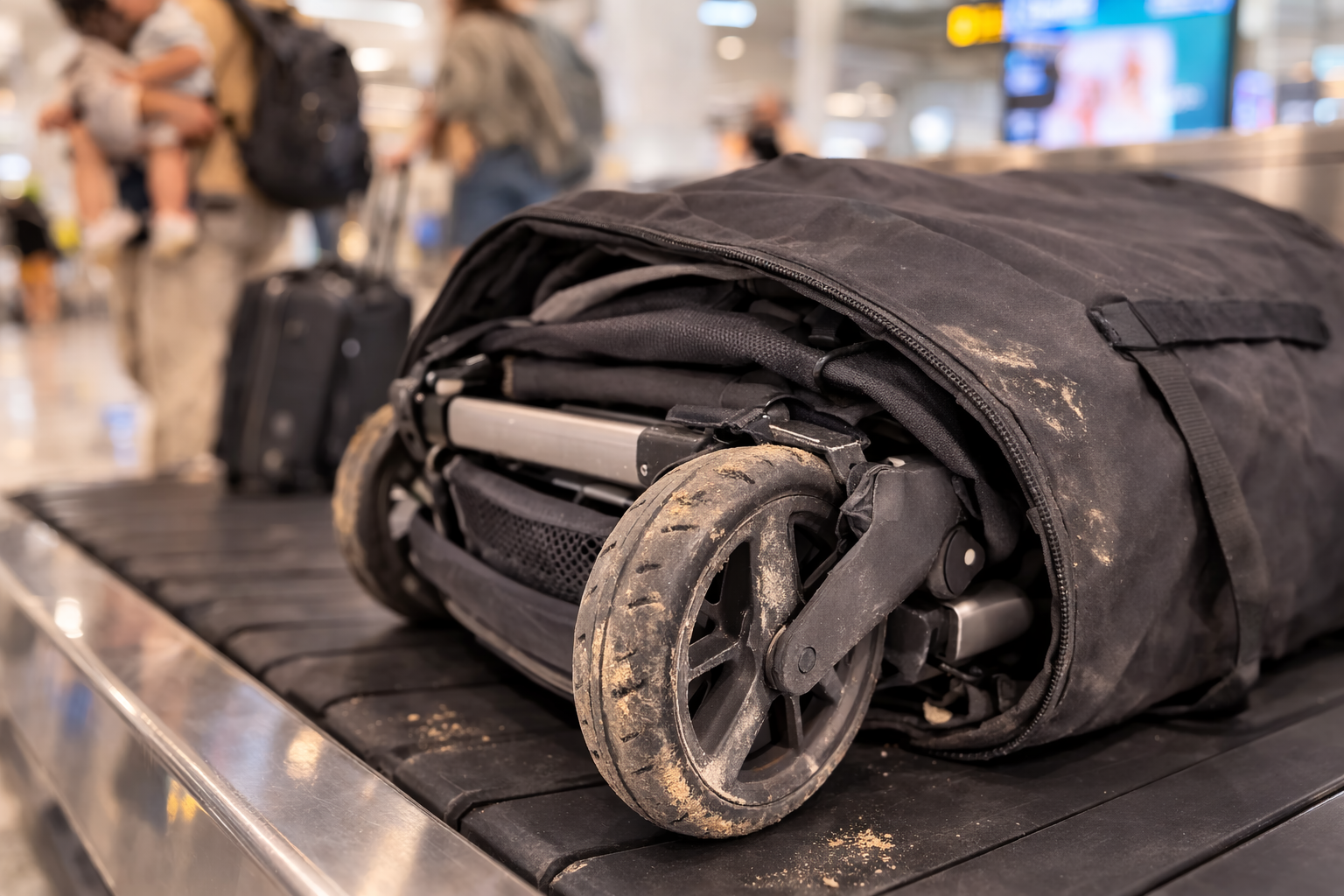 A slightly scuffed stroller wheel arriving on a baggage collection belt, showing realistic wear from gate-checking, honest and practical rather than alarming