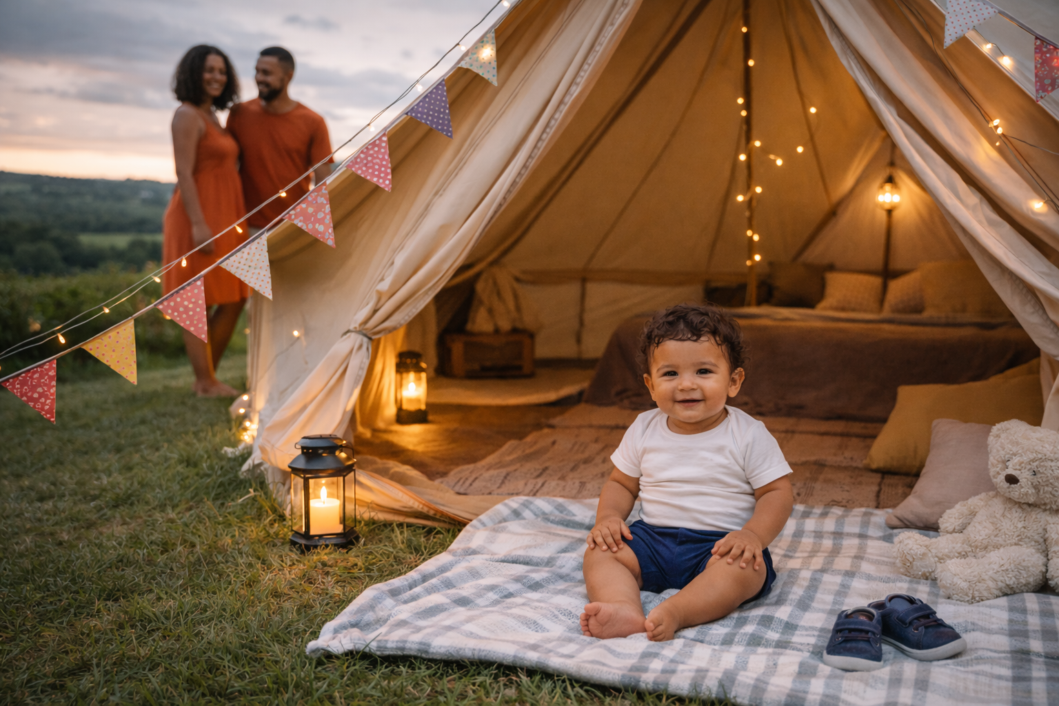 A family outside a bell tent with a baby sitting on a blanket in the doorway, bunting and fairy lights visible, green countryside behind, warm summer evening