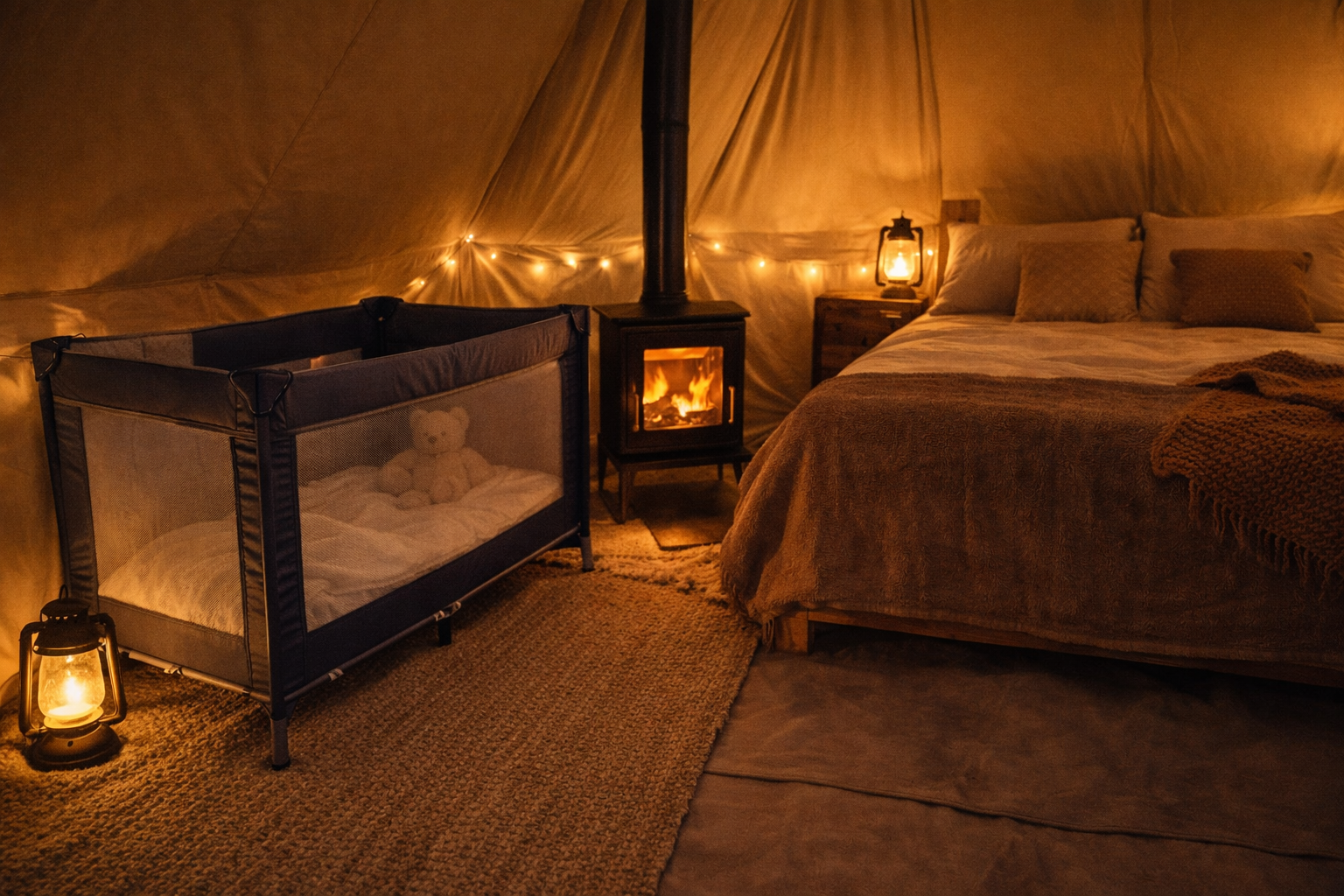 The cosy interior of a glamping yurt with a travel cot set up next to a proper double bed, wood burner glowing, soft lighting, blankets and cushions