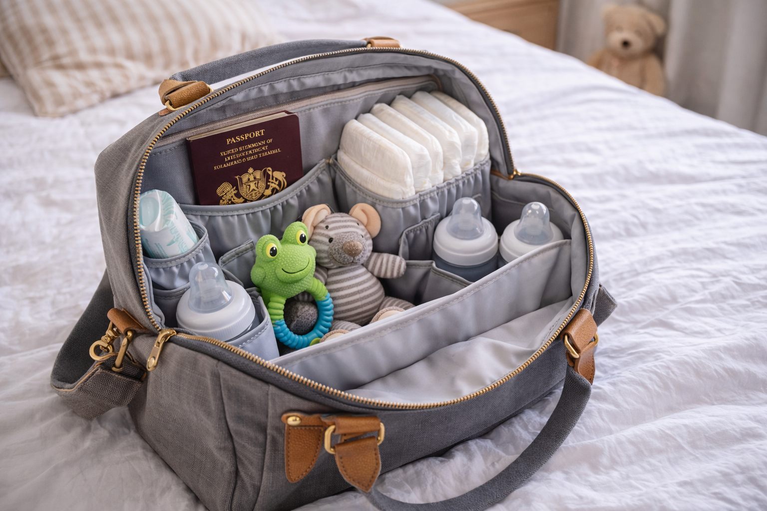 An organised nappy bag open on a bed, neatly packed with baby travel essentials — nappies, bottles, toys, and a passport visible, clean bright natural lighting
