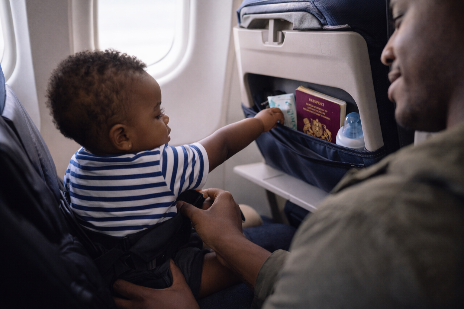 A parent sitting on an airplane with a baby on their lap, reaching calmly into a well-organised bag in the seat-back pocket, natural cabin lighting
