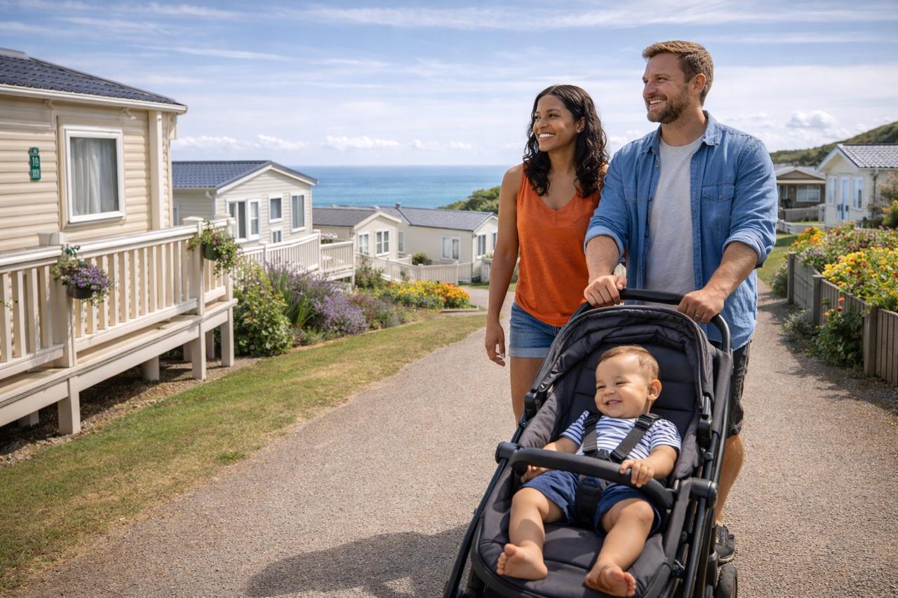 A family arriving at a seaside Haven holiday park with their baby in a stroller