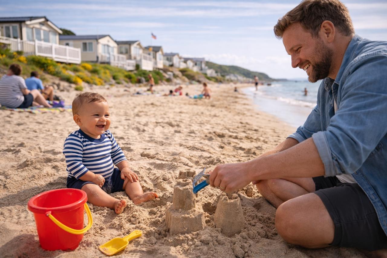 A parent and baby building sandcastles on a sandy beach at a Haven resort