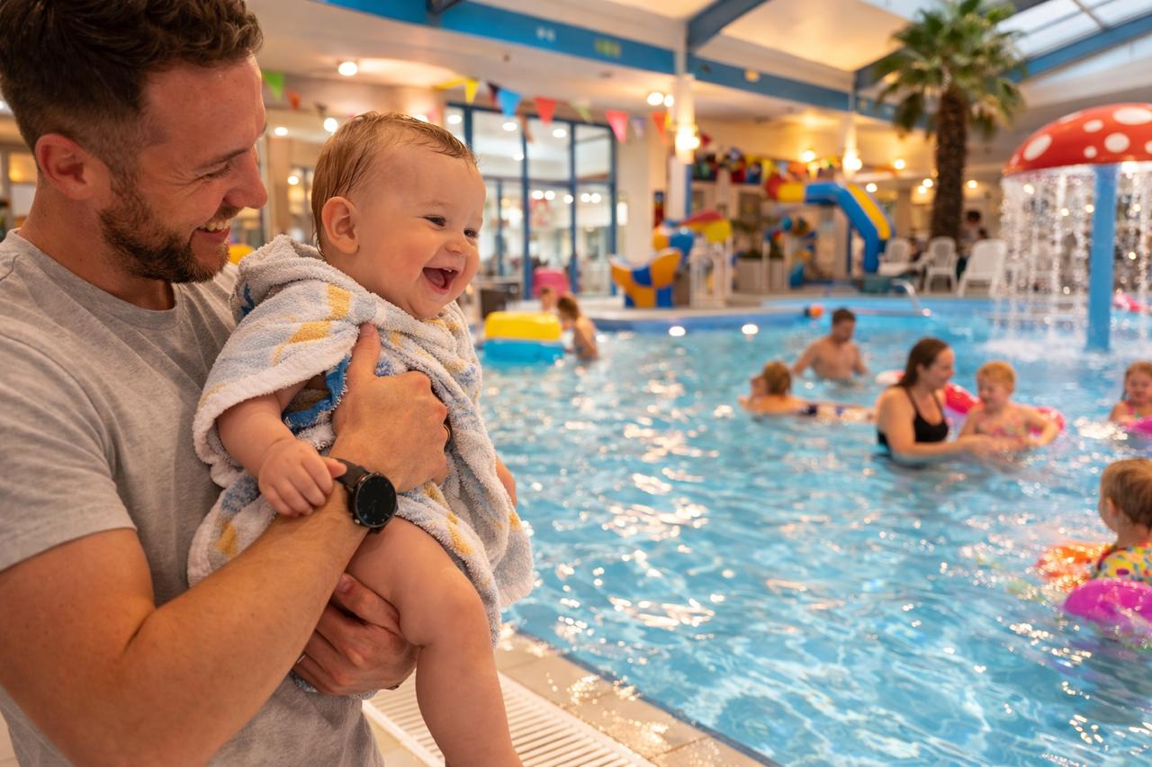 A parent and laughing baby at a colourful Haven indoor splash pool