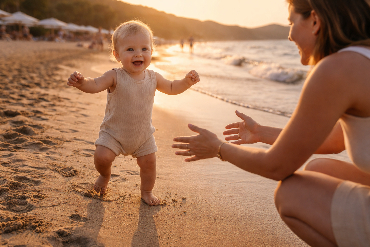 A 1 year old taking wobbly first steps on a sandy beach with a parent crouching nearby — holiday with a 1 year old golden light moment
