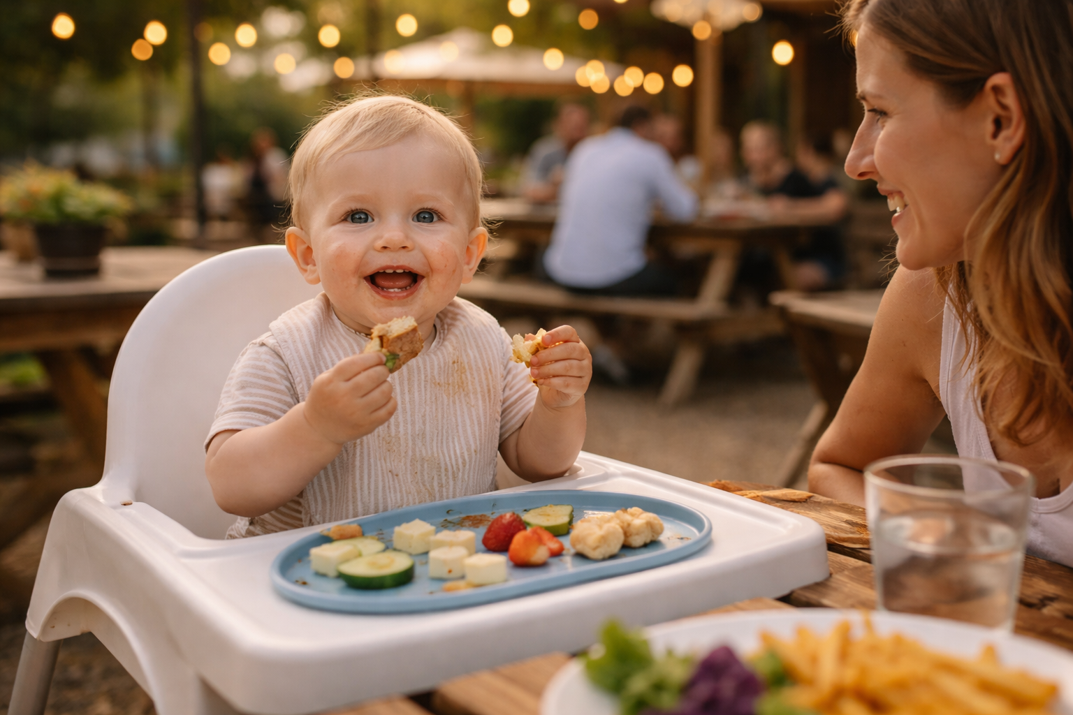A 1 year old in a highchair at a restaurant table happily eating finger food with a slightly messy face
