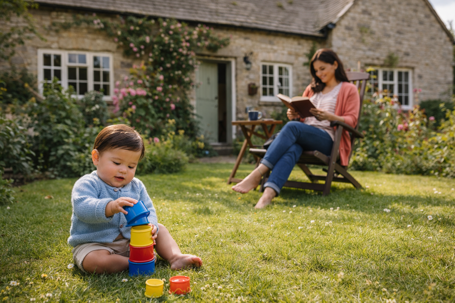 Baby playing on grass in a cottage garden — stone cottage behind, parent reading nearby, peaceful private outdoor space in summer