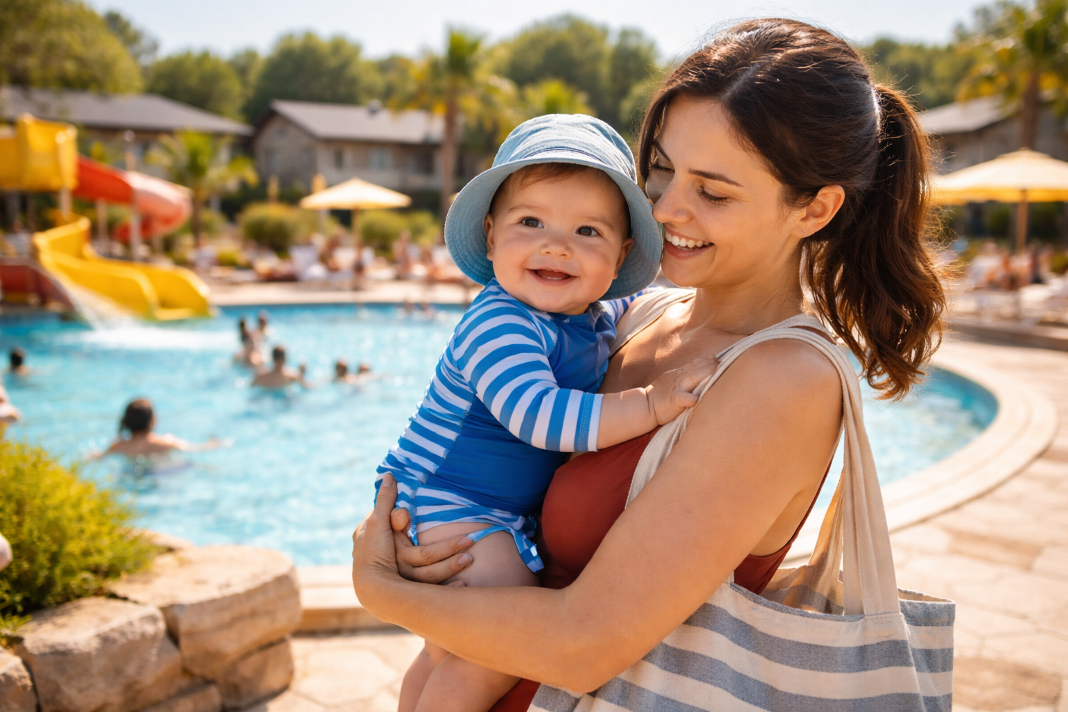 Parent and baby in a warm indoor holiday park swimming pool — colourful, facilities-rich, showing the appeal of the holiday park option