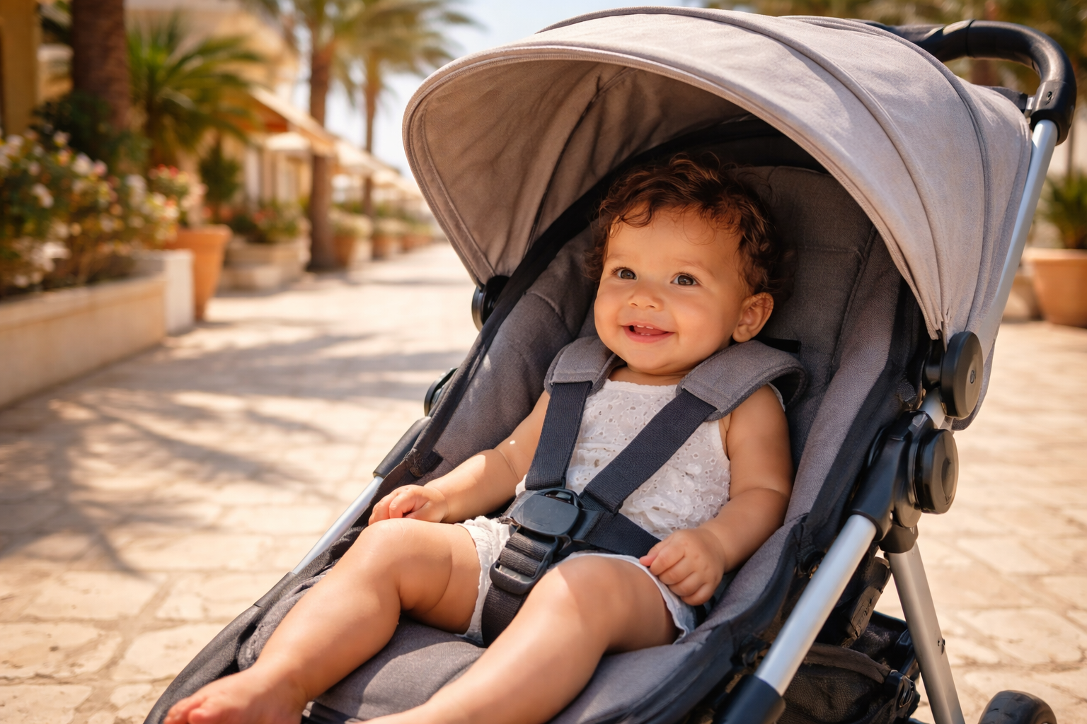 A baby sitting comfortably in a stroller with a large fully-extended canopy on a sunny Mediterranean promenade, bright sunlight on the surrounding area while the baby is in deep shade, warm holiday setting with sea visible