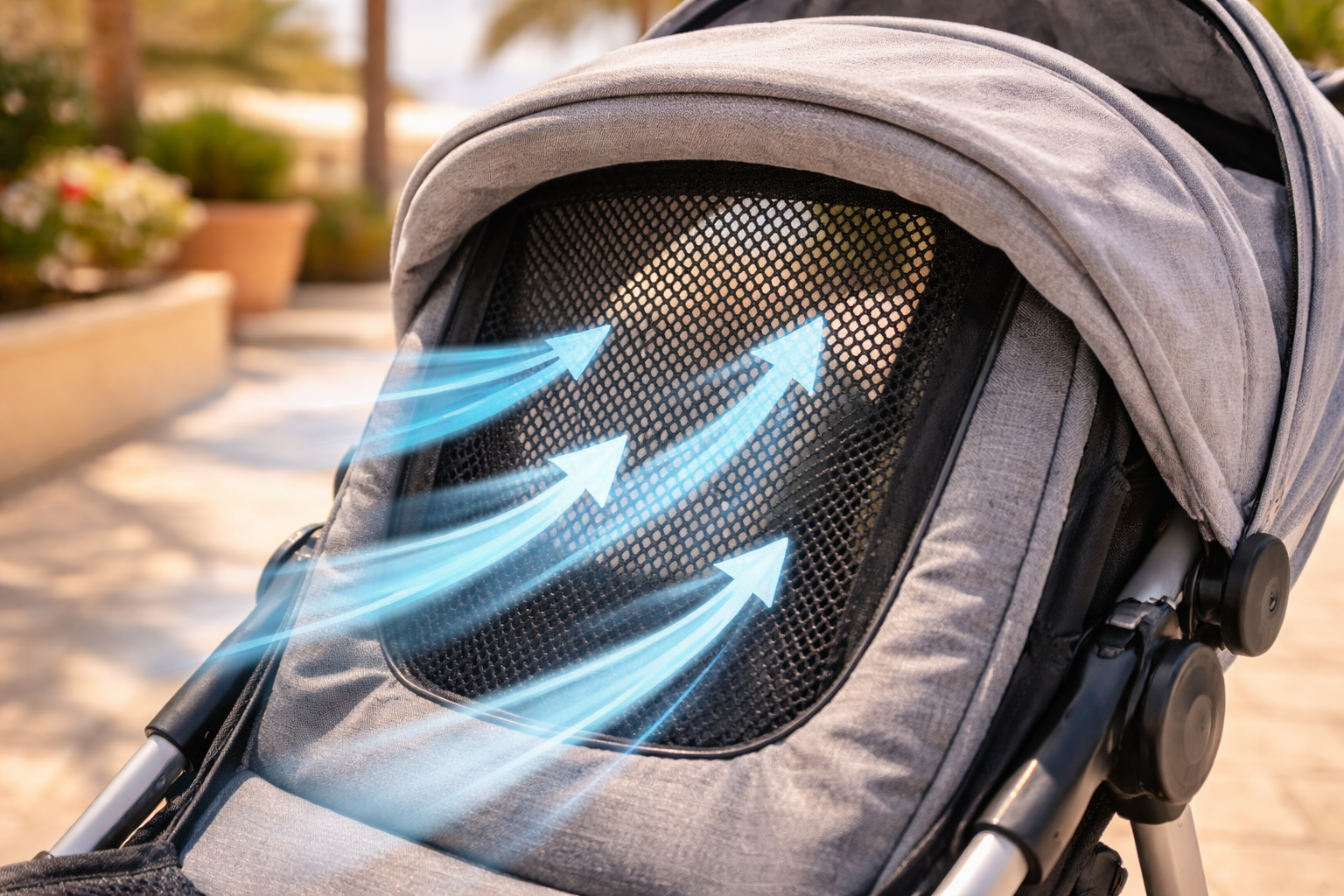 Close-up of a stroller seat back showing a full mesh ventilation panel, bright outdoor summer setting, demonstrating the airflow design that keeps babies cooler in hot weather