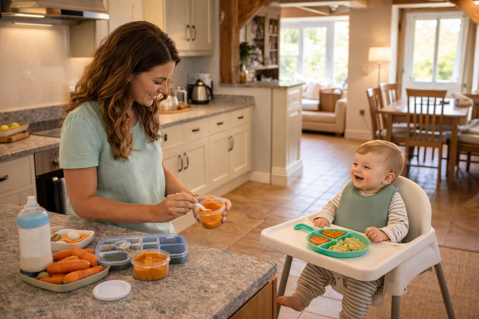 A parent preparing baby food in a bright self-catering cottage kitchen — baby in a highchair at the kitchen table, spacious and homely, showing the kitchen-and-space advantage of self-catering