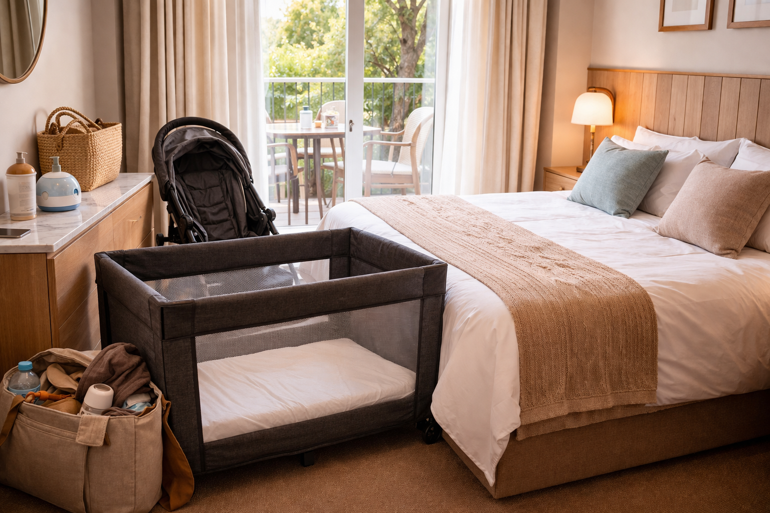 A hotel room with a travel cot squeezed in alongside the bed — clean and functional but clearly compact, baby gear visible on every surface
